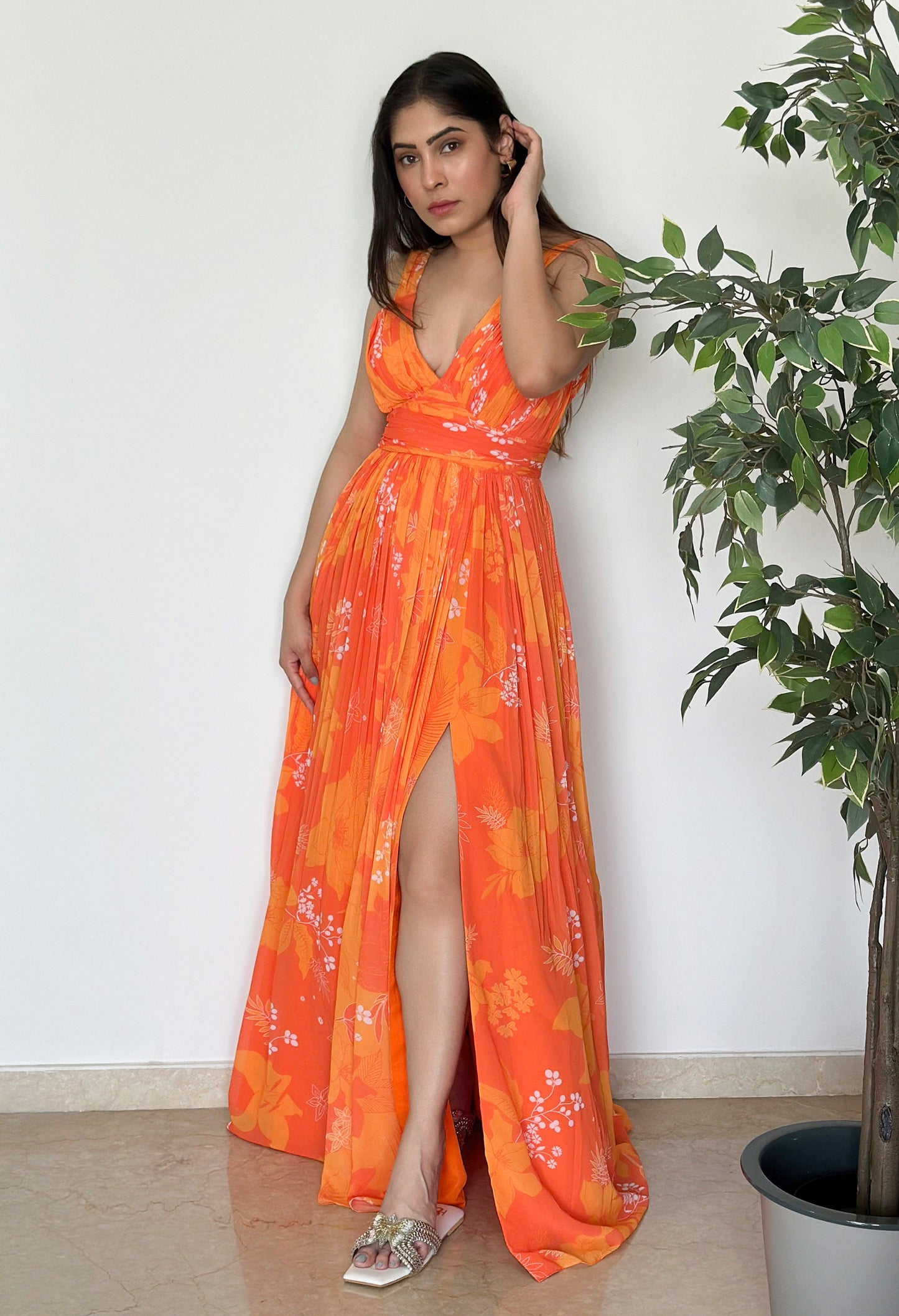 Yellow & Orange Georgette Printed Party wear Long Dress