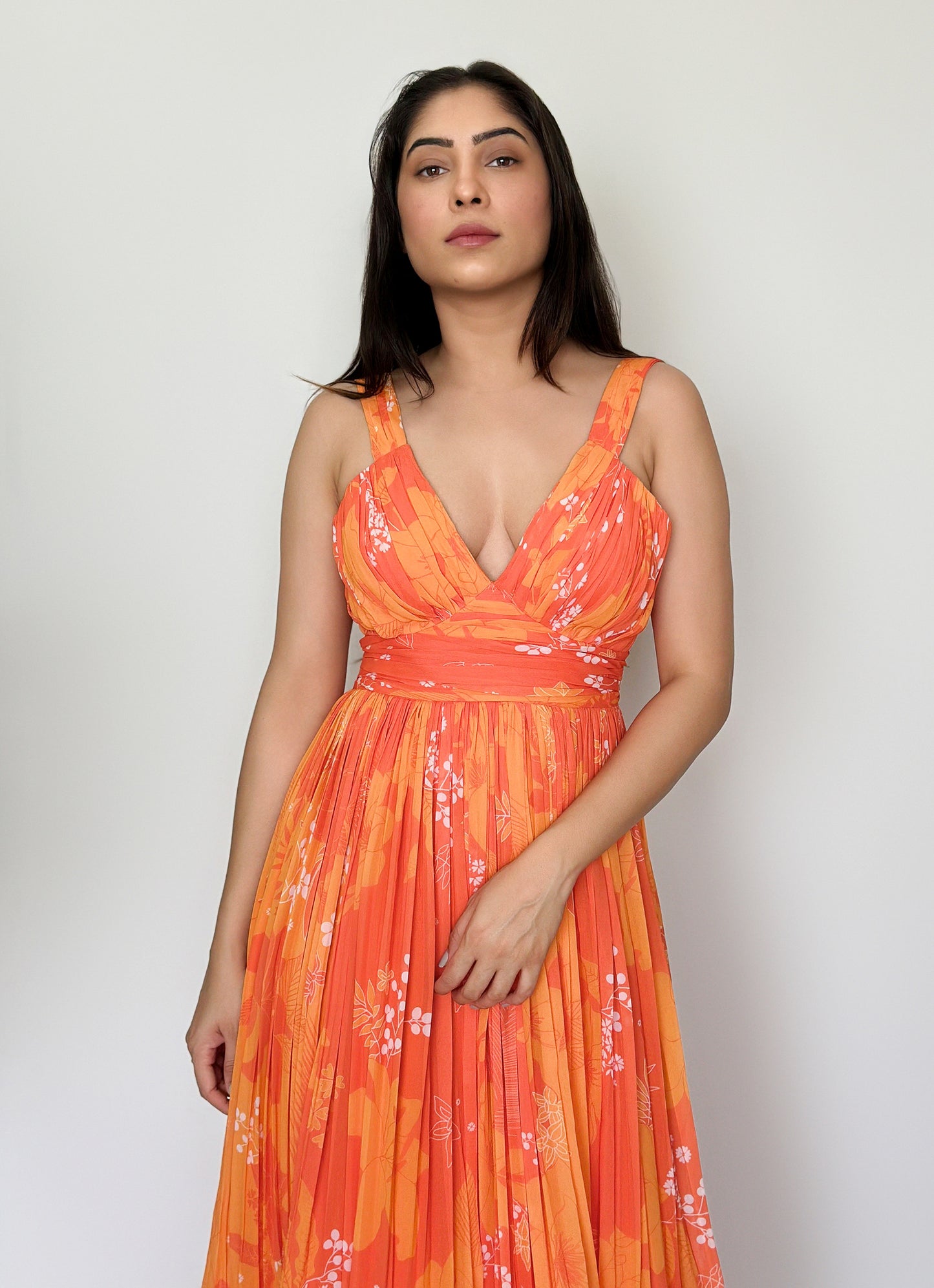 Yellow & Orange Georgette Printed Party wear Long Dress