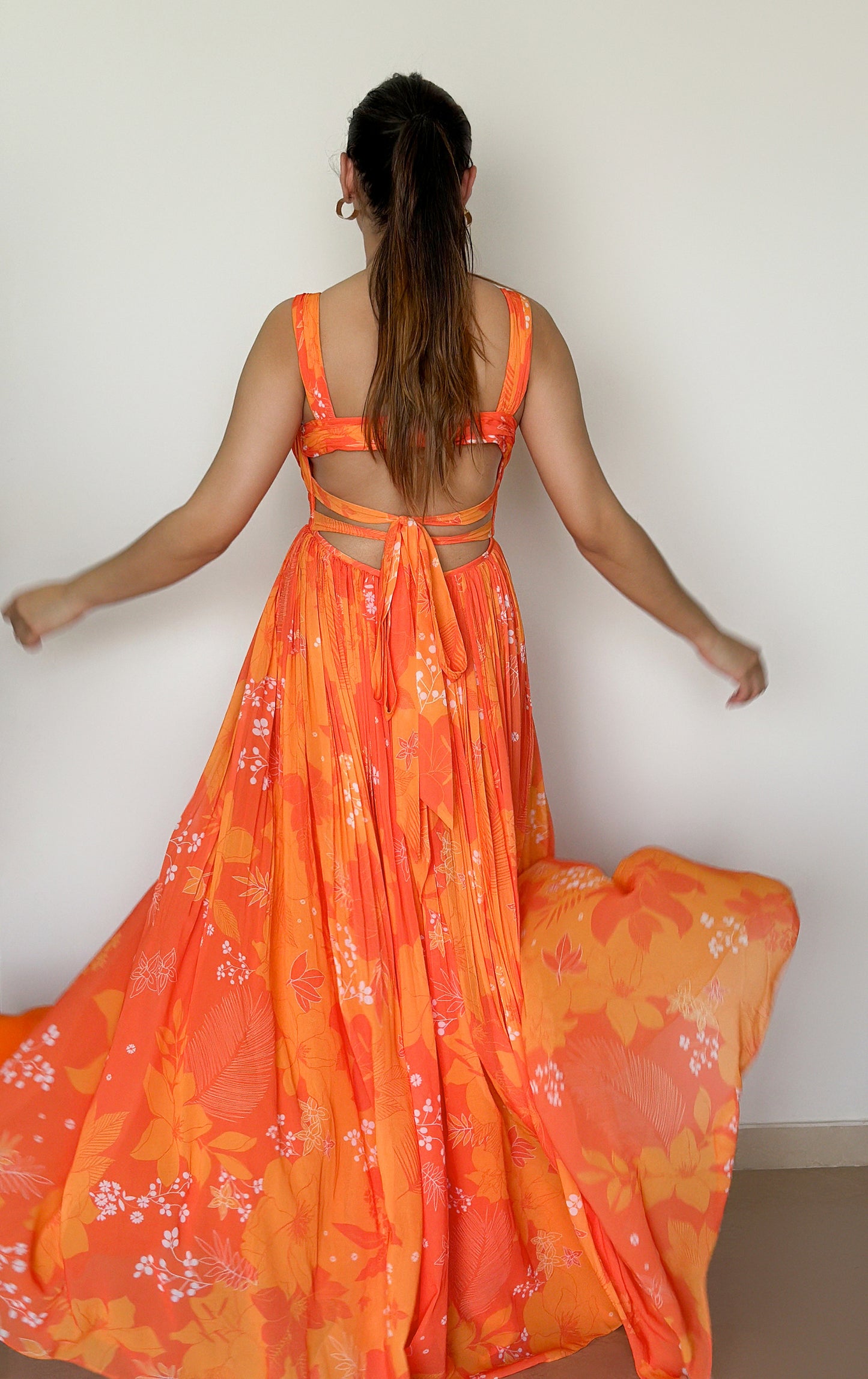 Yellow & Orange Georgette Printed Party wear Long Dress