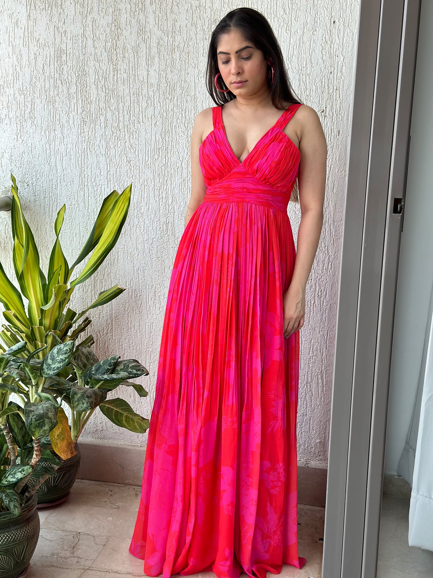 Pink and Red Georgette Printed Party wear Long Dress