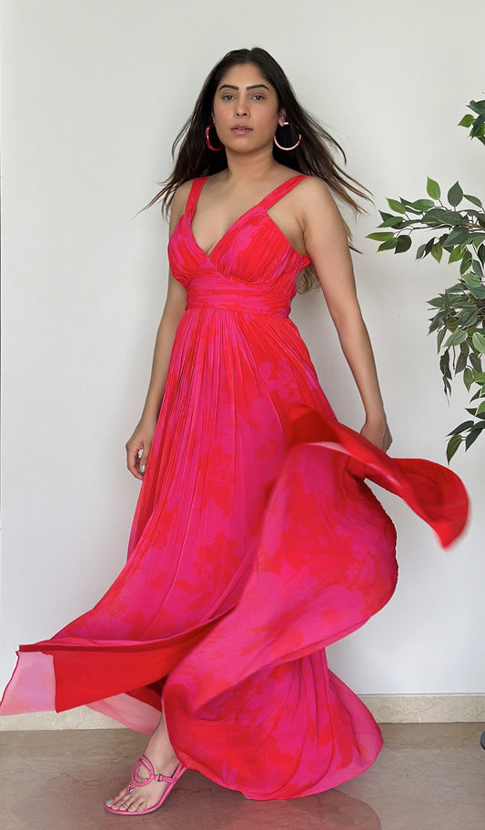 Pink and Red Georgette Printed Party wear Long Dress