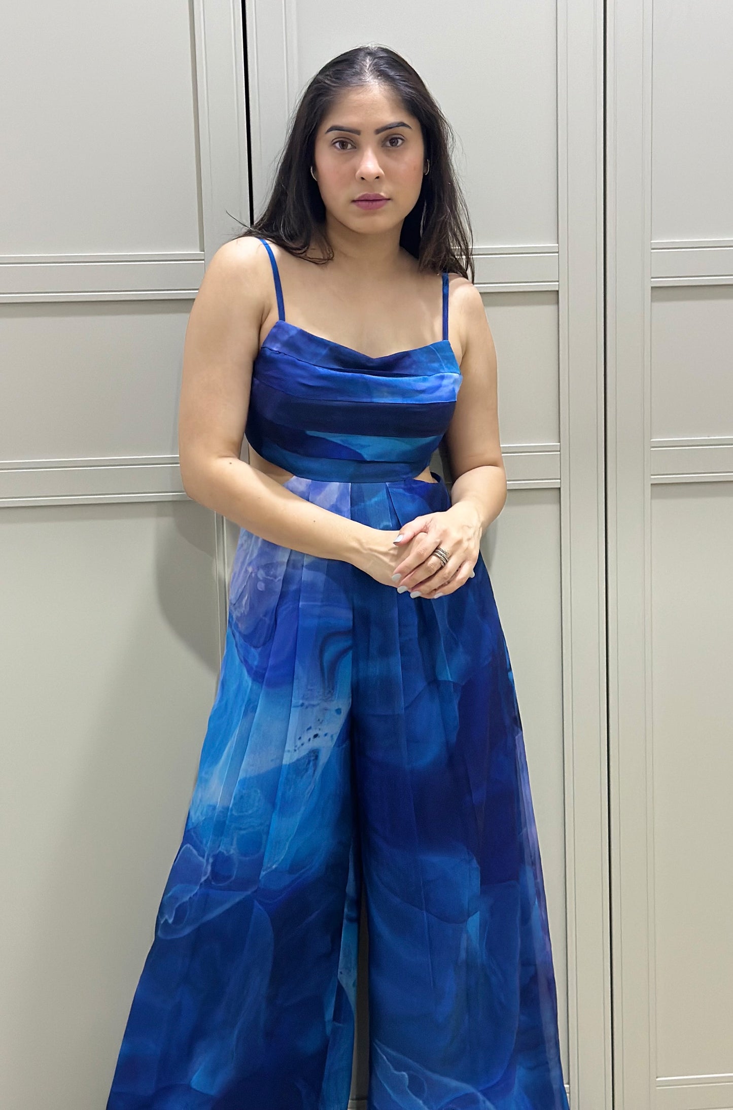 Blue Printed Chiffon Resort wear Jumpsuit