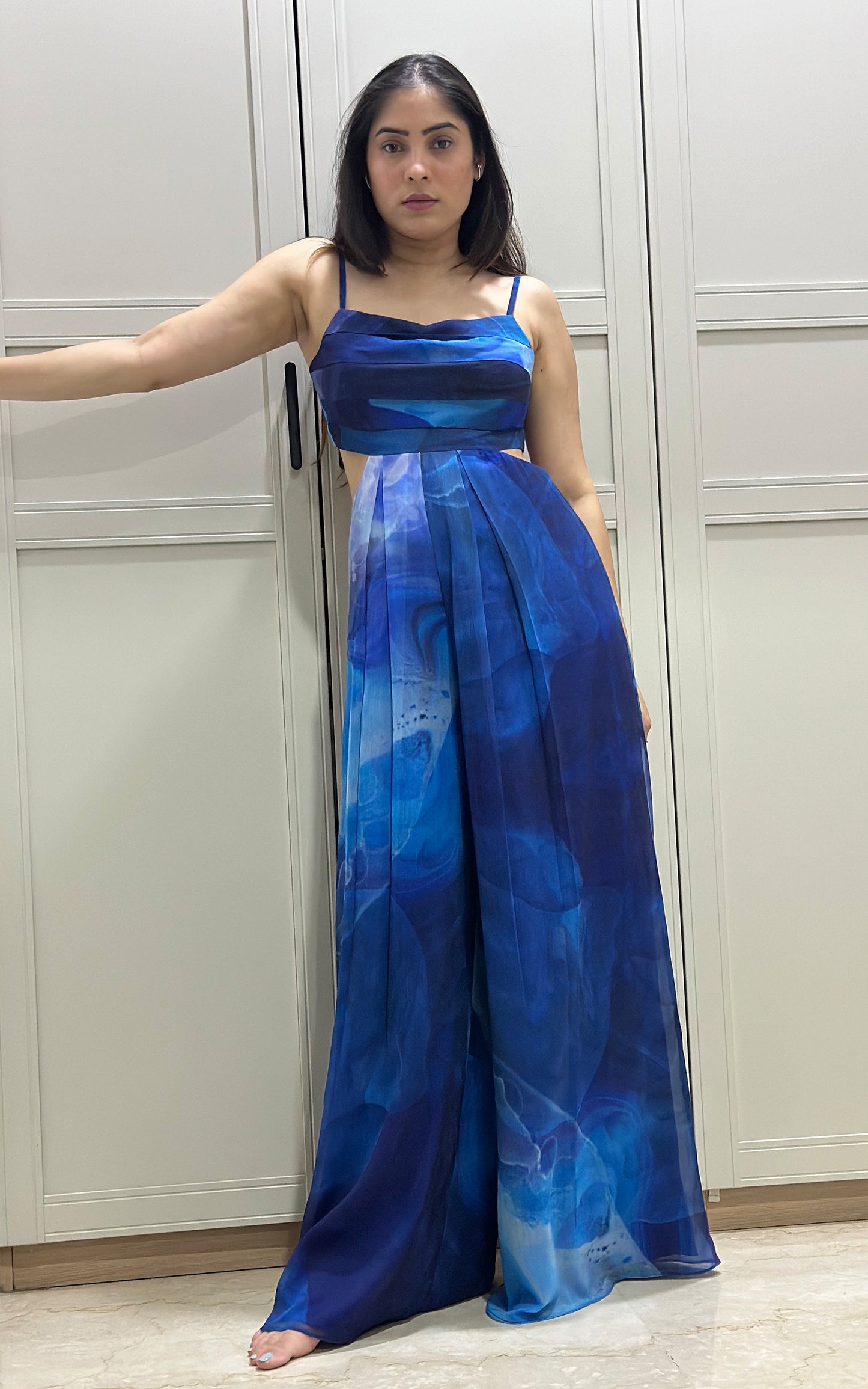 Blue Printed Chiffon Resort wear Jumpsuit