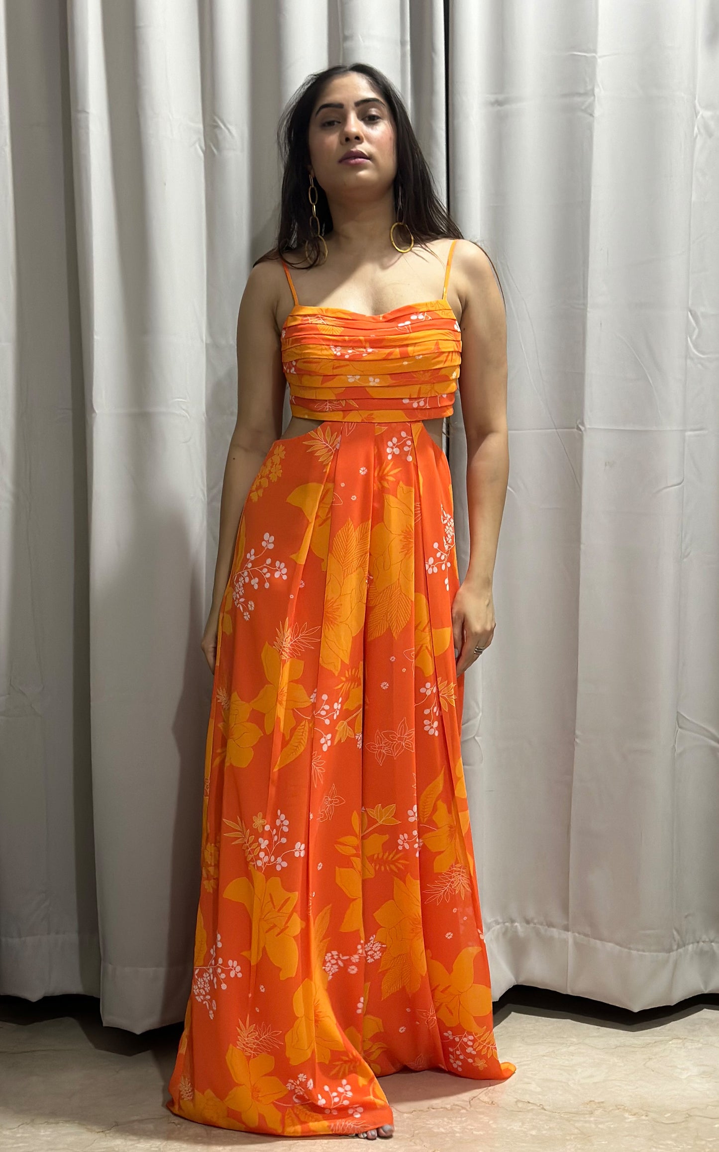 Yellow and Orange Printed Georgette Jumpsuit