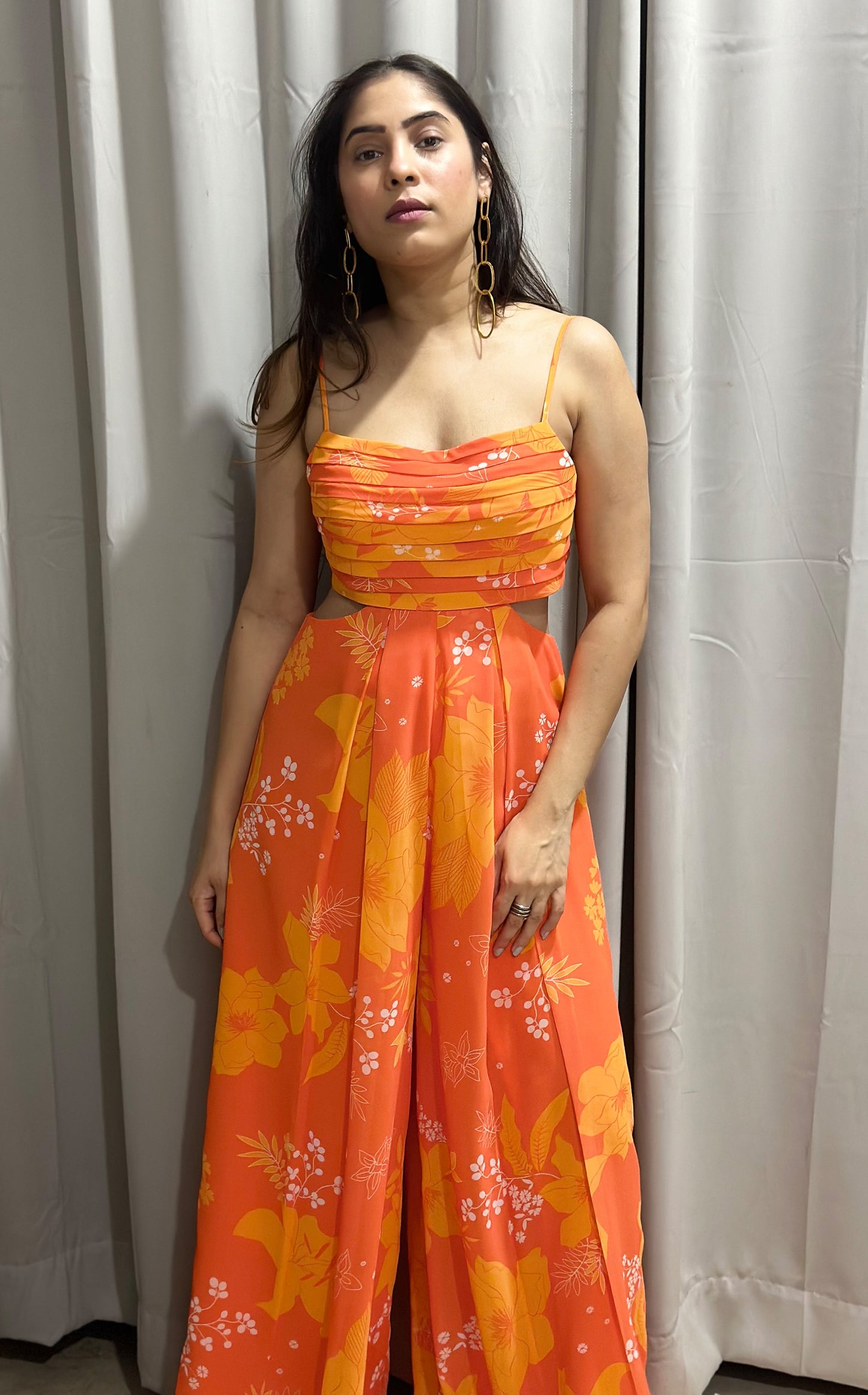 Yellow and Orange Printed Georgette Jumpsuit