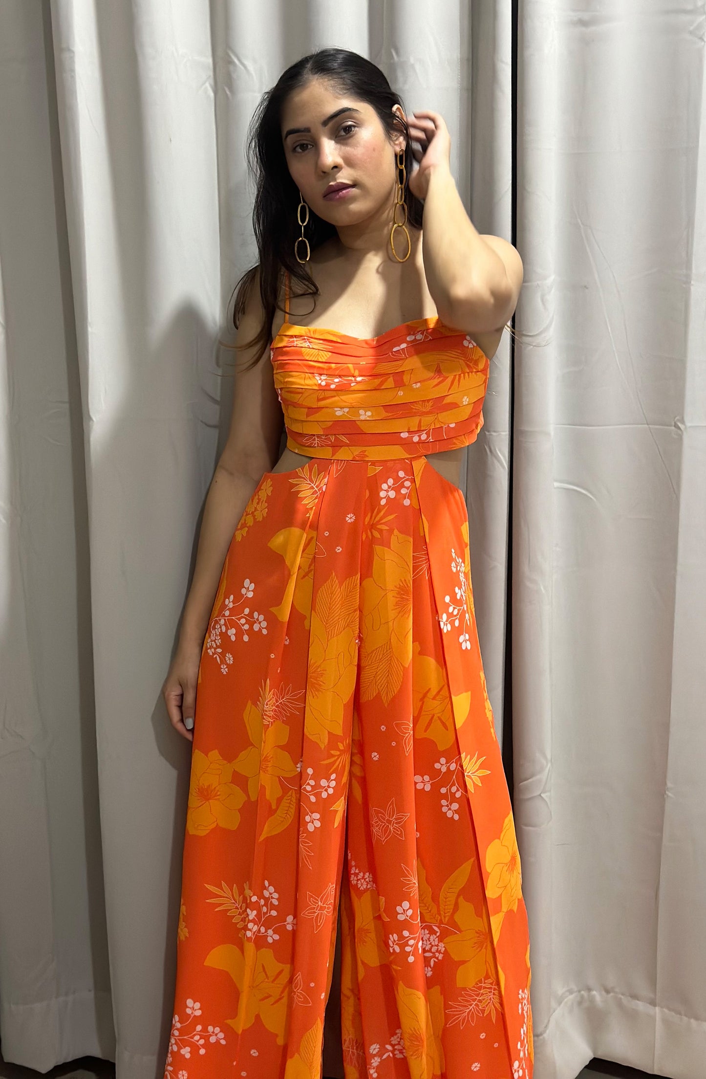 Yellow and Orange Printed Georgette Jumpsuit