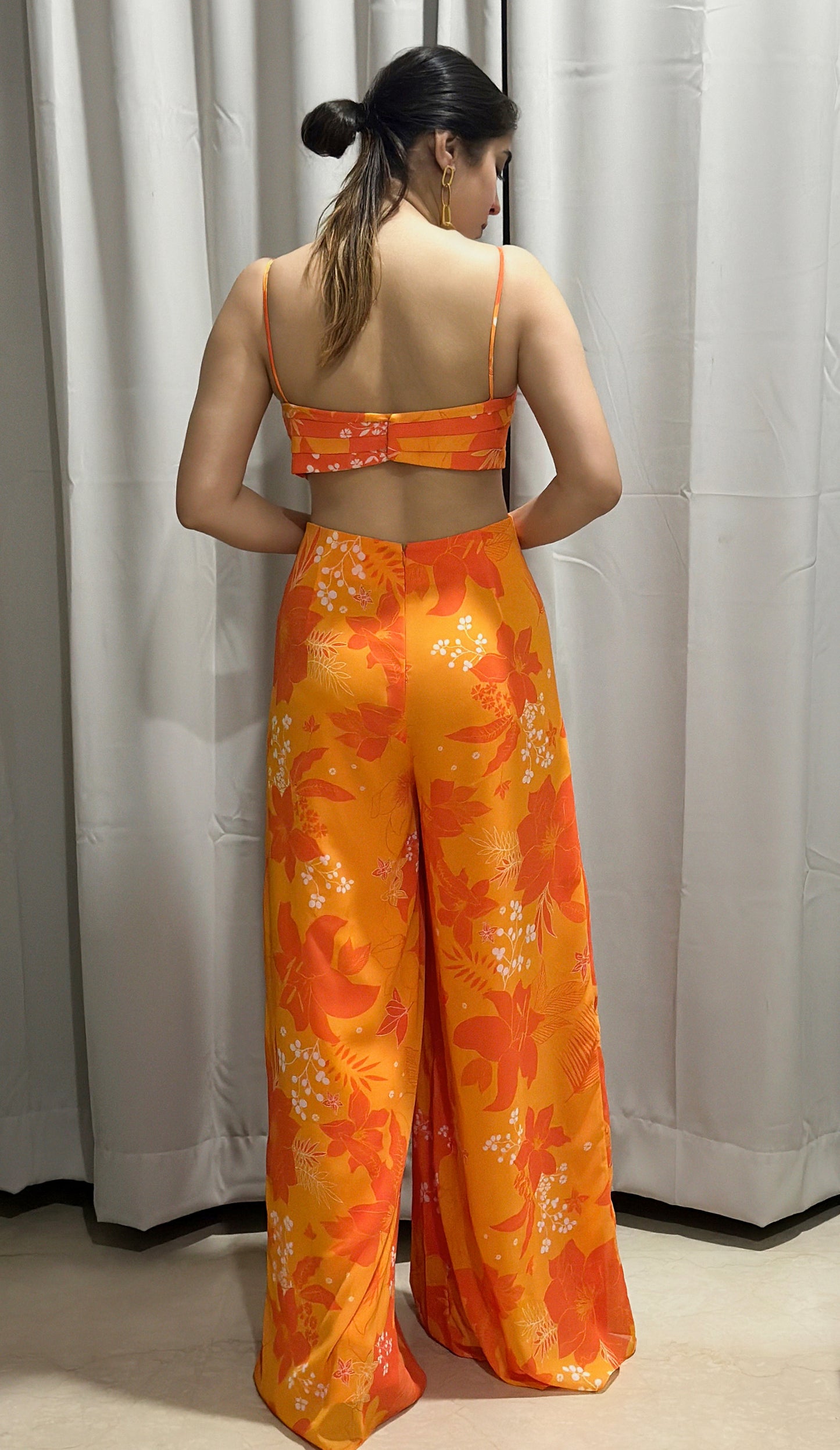 Yellow and Orange Printed Georgette Jumpsuit