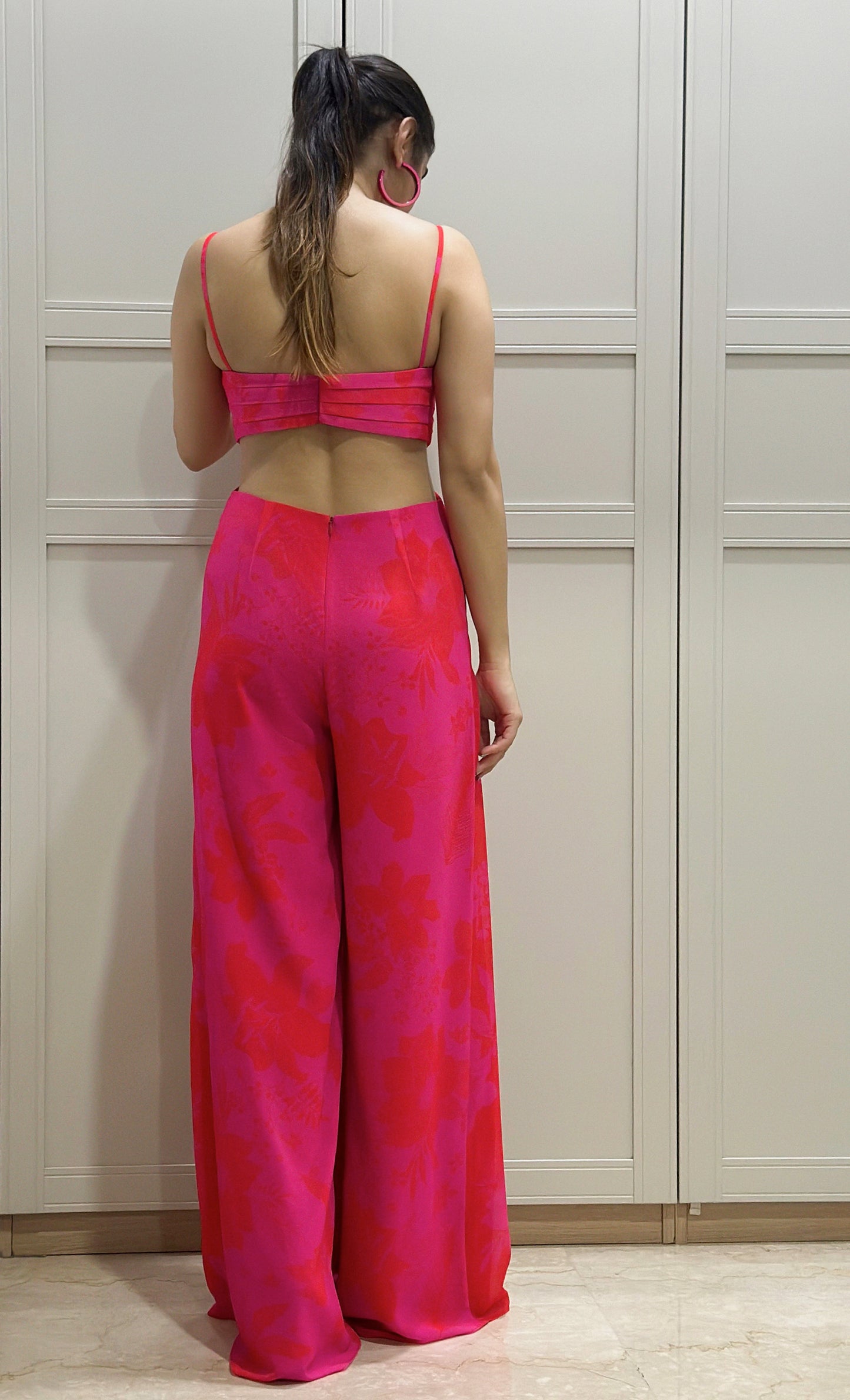 Pink and Red Printed Georgette Pool party Jumpsuit