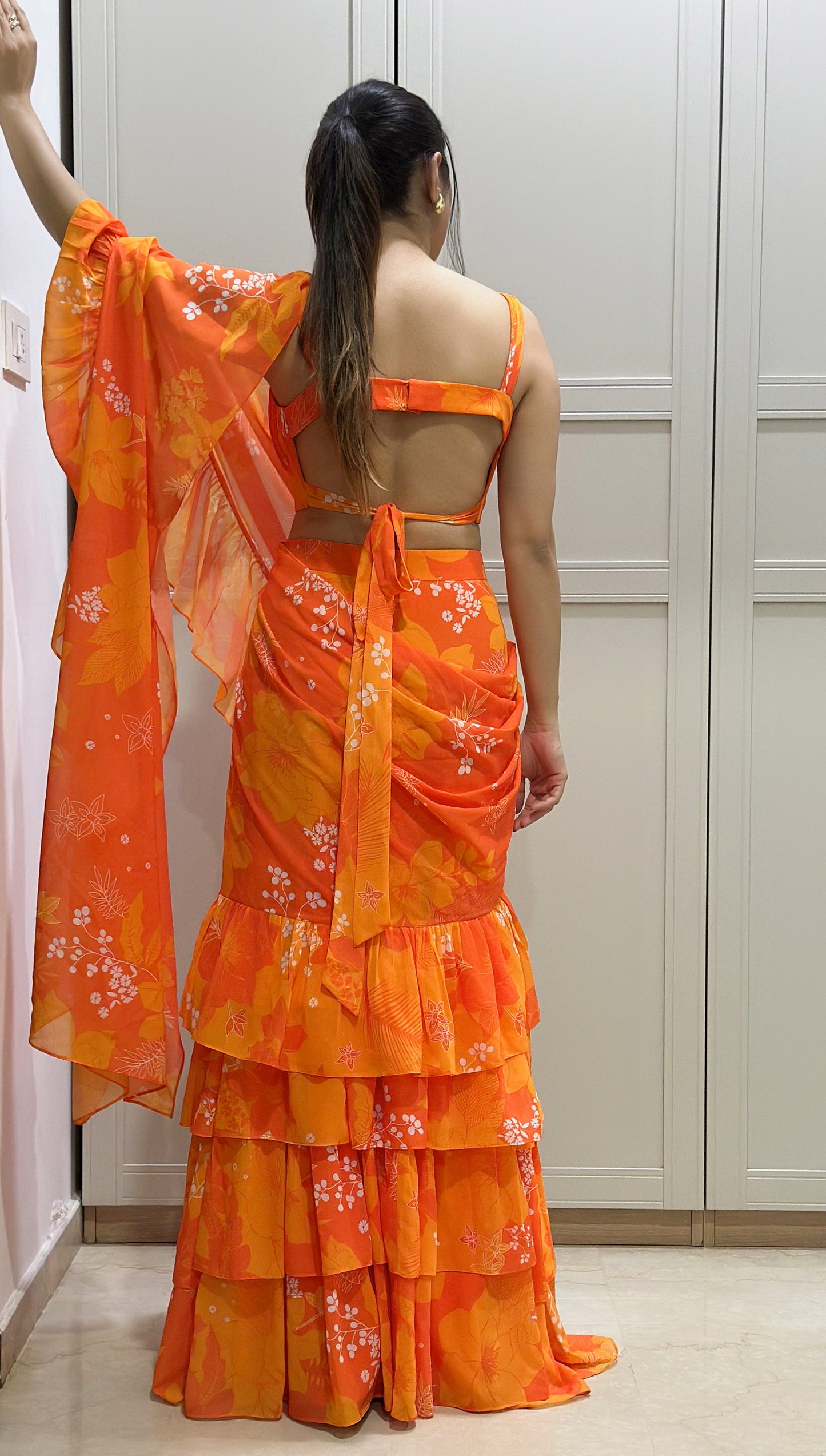 Yellow and Orange Printed Drape Wedding saree
