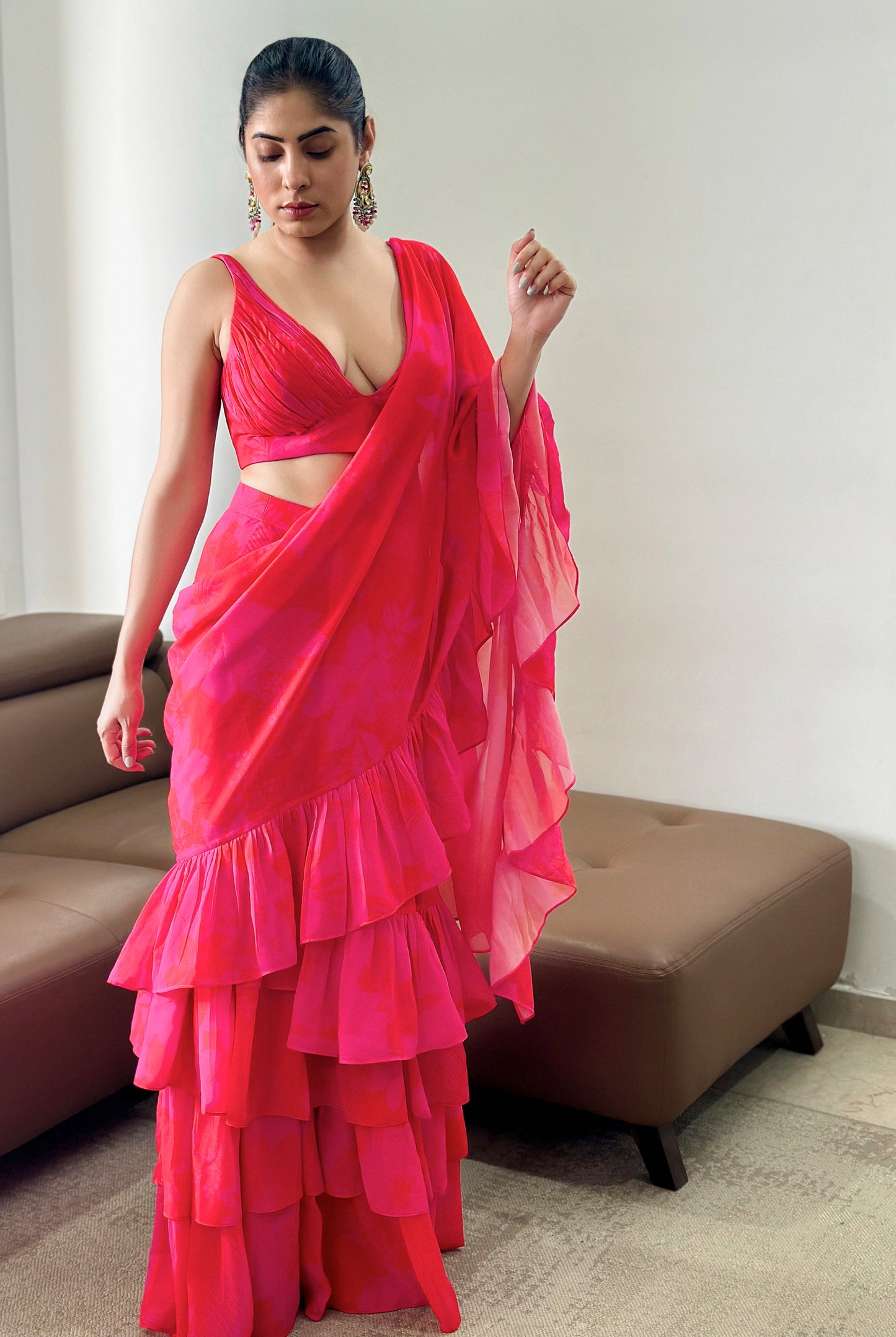 Pink and Red Printed Drape Floral Saree