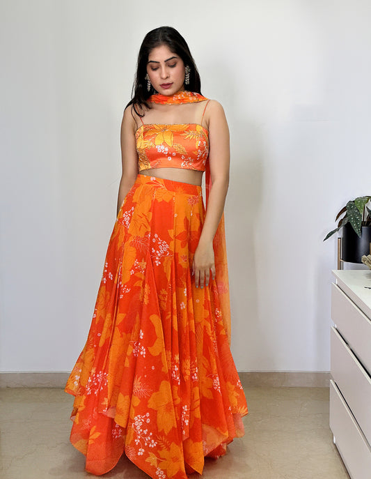 Yellow and Orange Printed High-Low Designer Skirt Set
