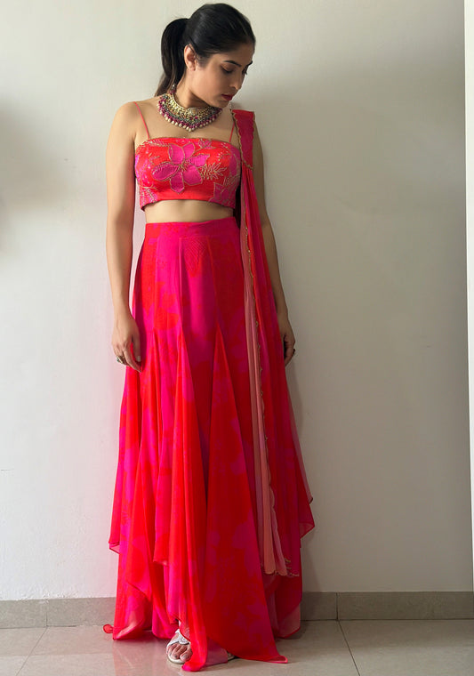 Pink and Red Printed High-Low Designer Skirt Set