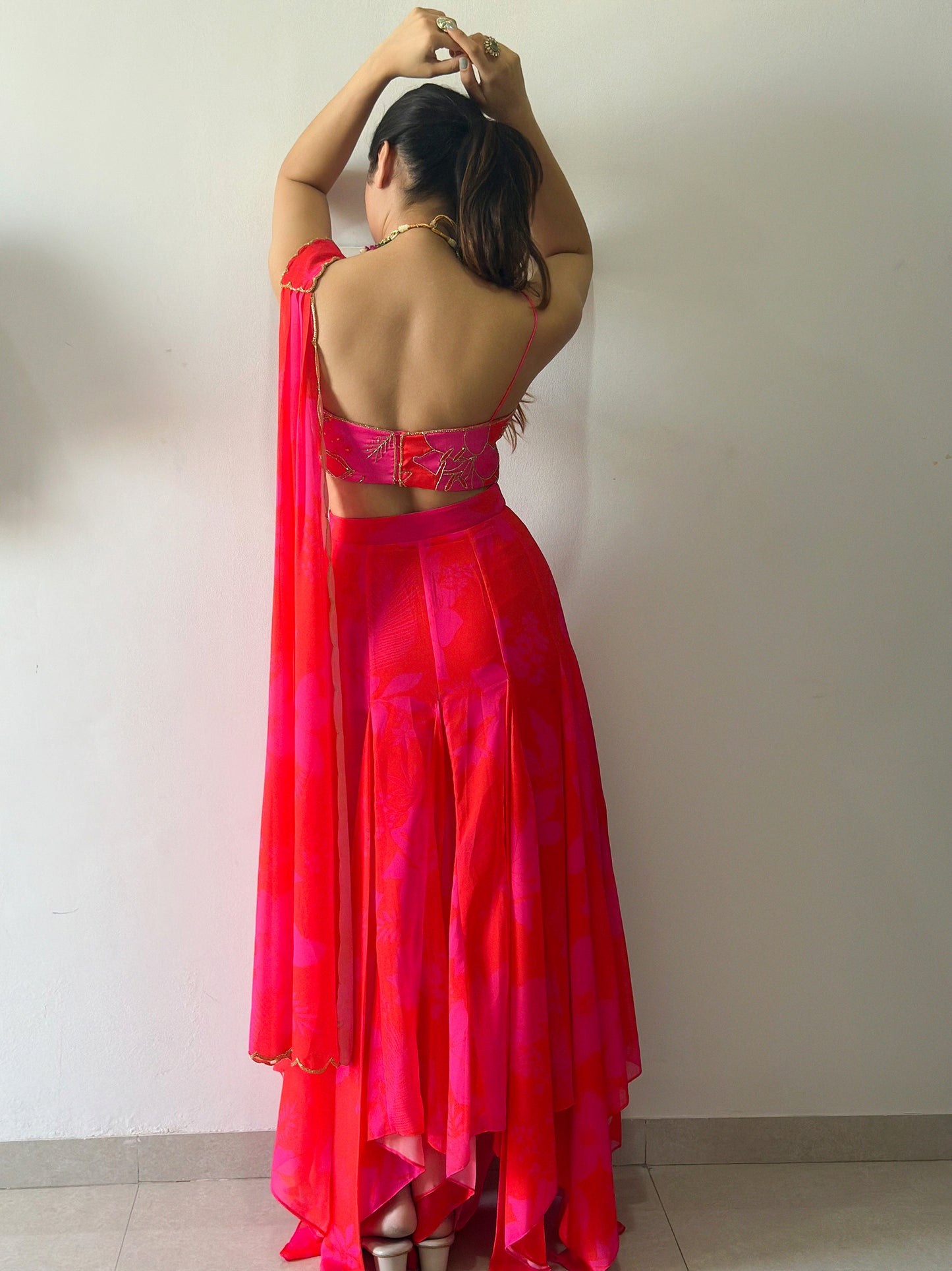 Pink and Red Printed High-Low Designer Skirt Set
