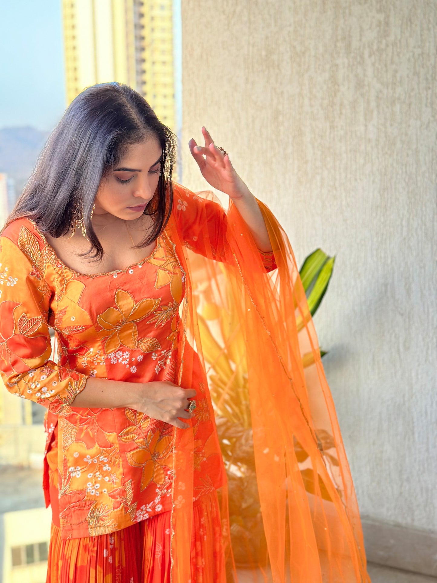 Yellow and Orange Printed Scoop Scallop Festive Sharara Set
