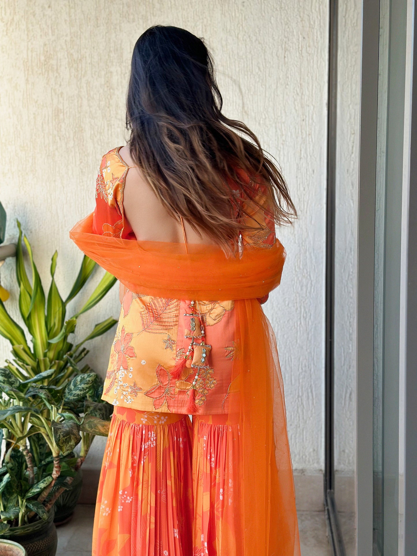 Yellow and Orange Printed Scoop Scallop Festive Sharara Set