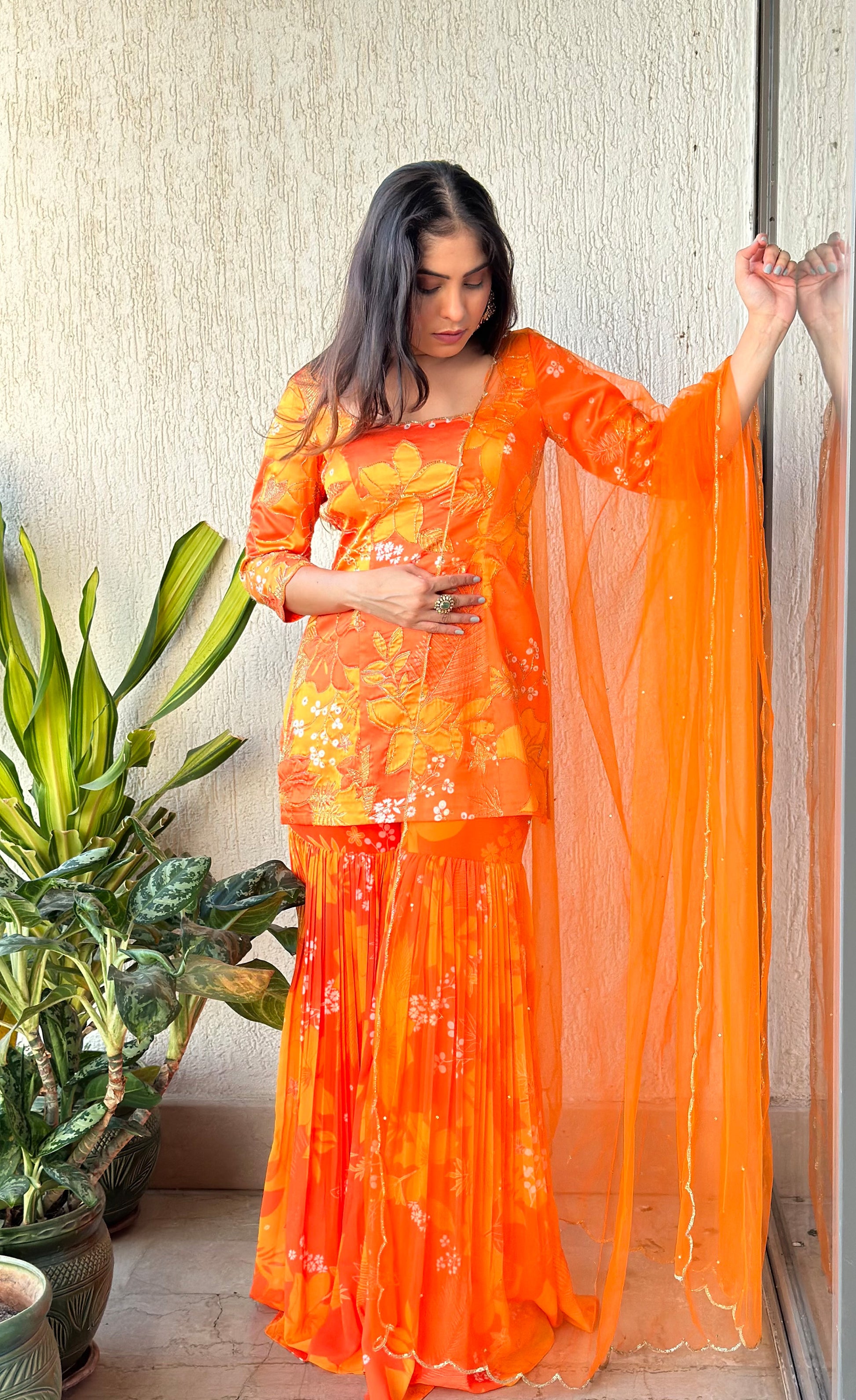 orange sharara dress Orange rayon sharara suit set with dupatta