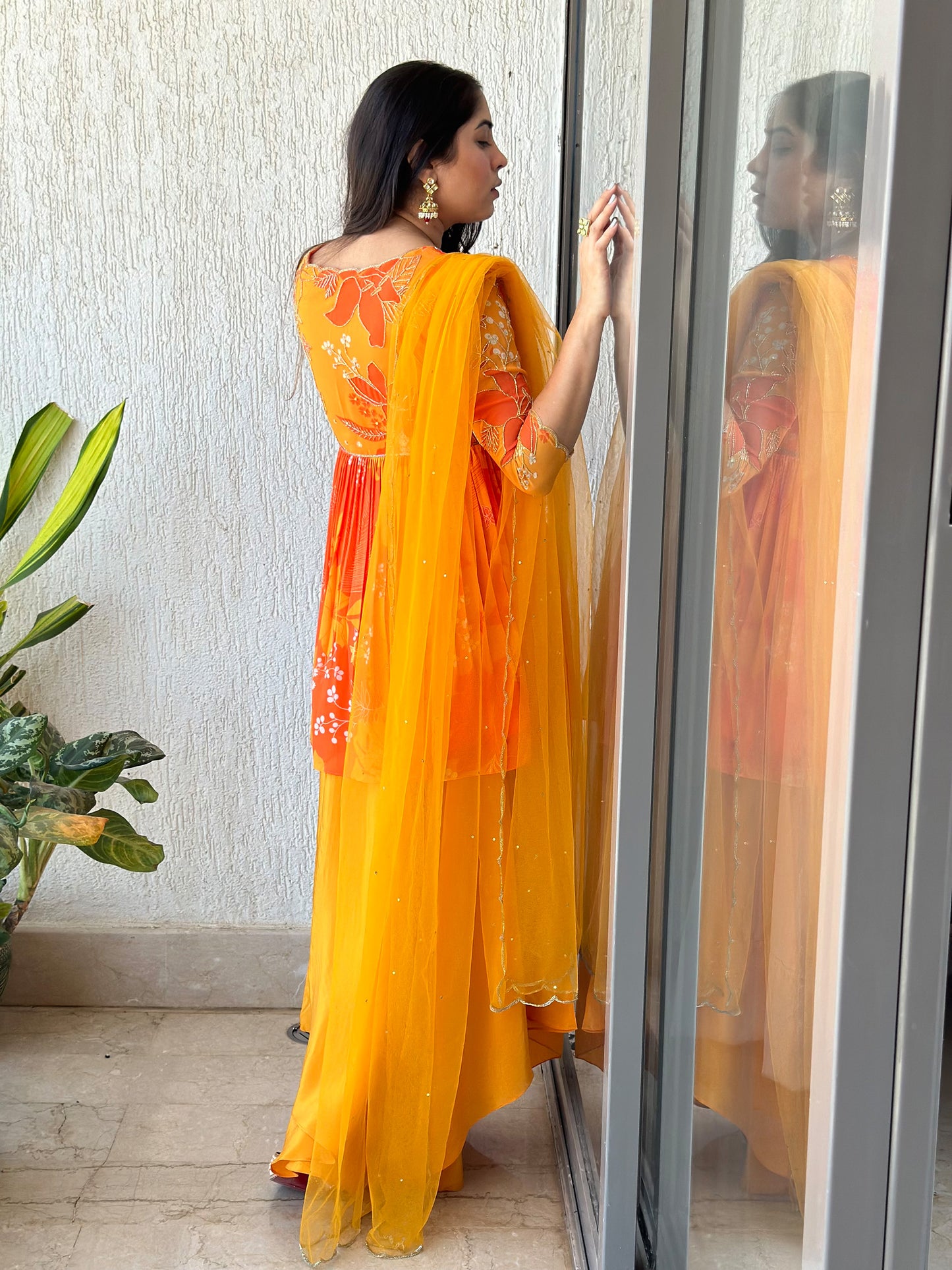 Yellow and Orange Printed Scoop Scallop Festive Sharara Set