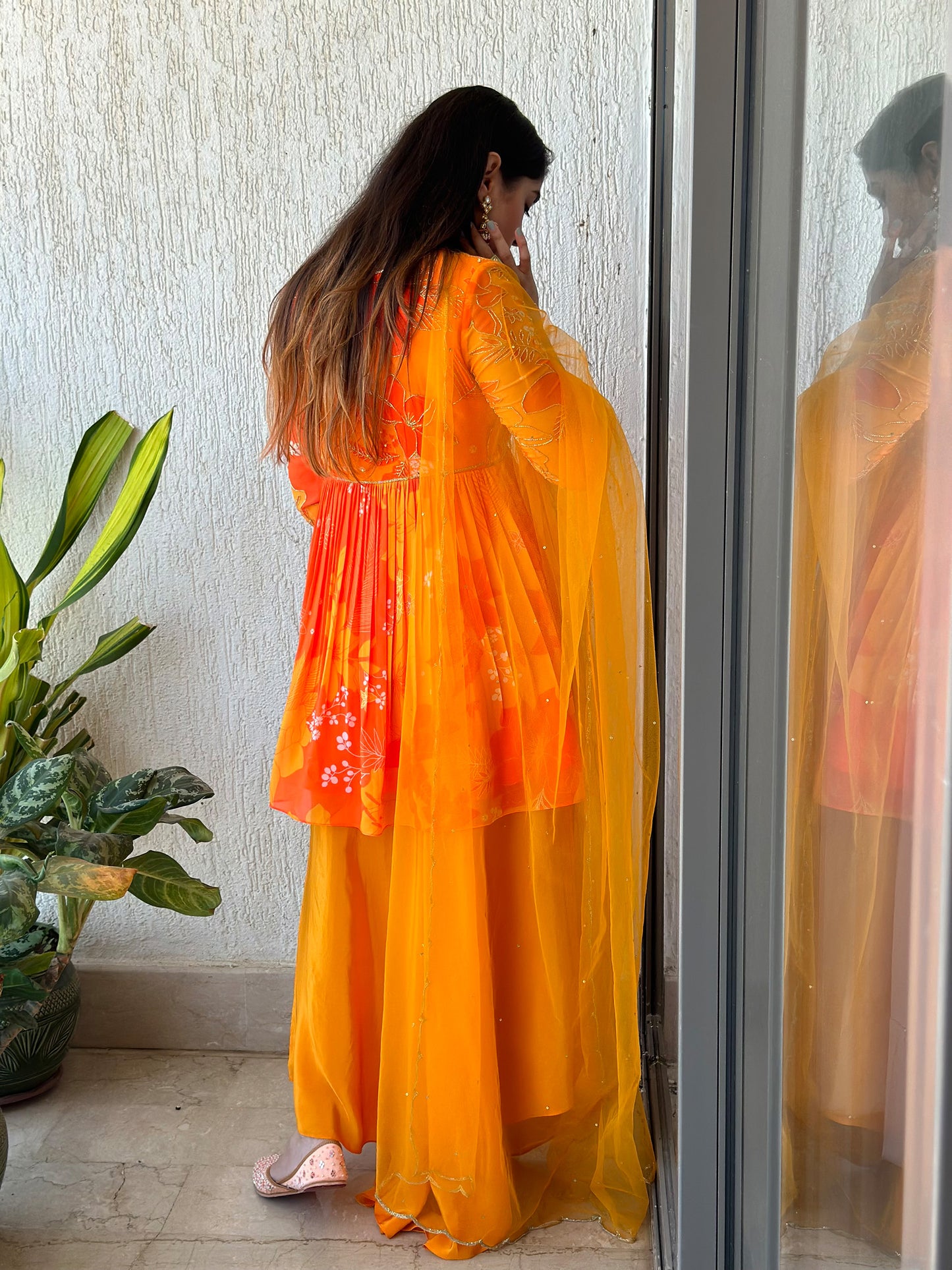 Yellow and Orange Printed Scoop Scallop Festive Sharara Set