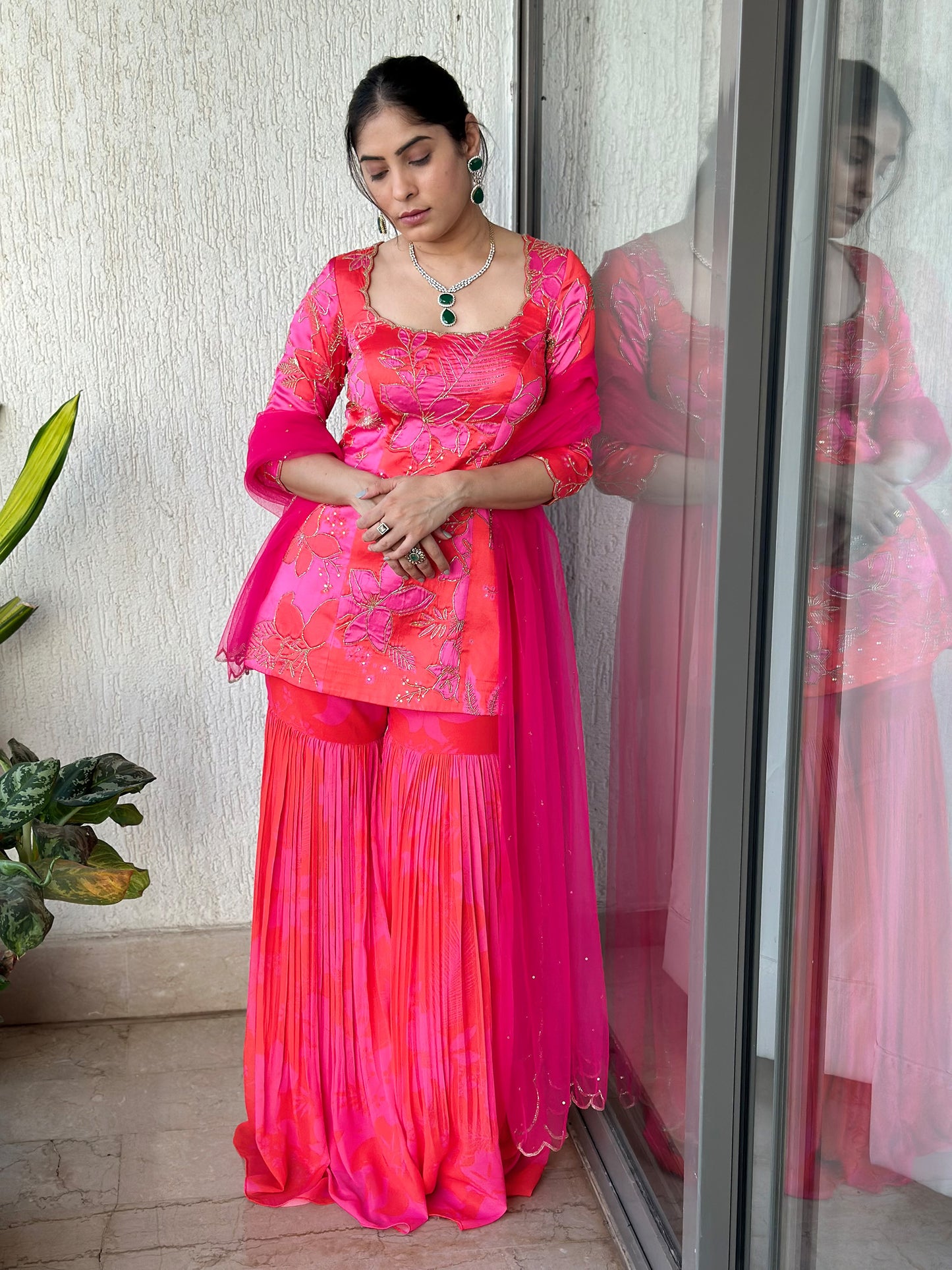 Pink and Red Printed Scoop Scallop Wedding Guest Sharara Set