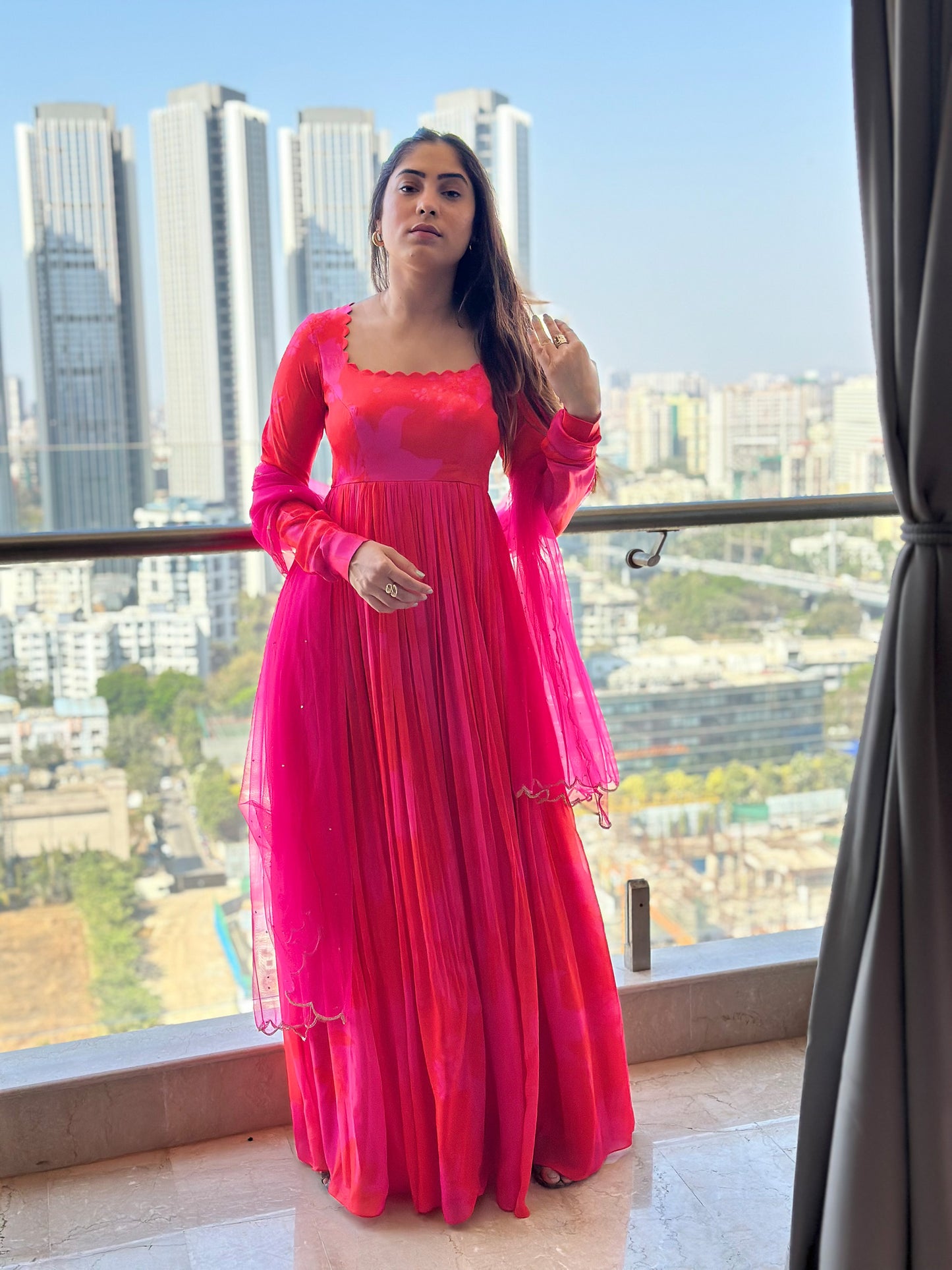 Pink and Red Printed Self Scallop Festive Anarkali Set