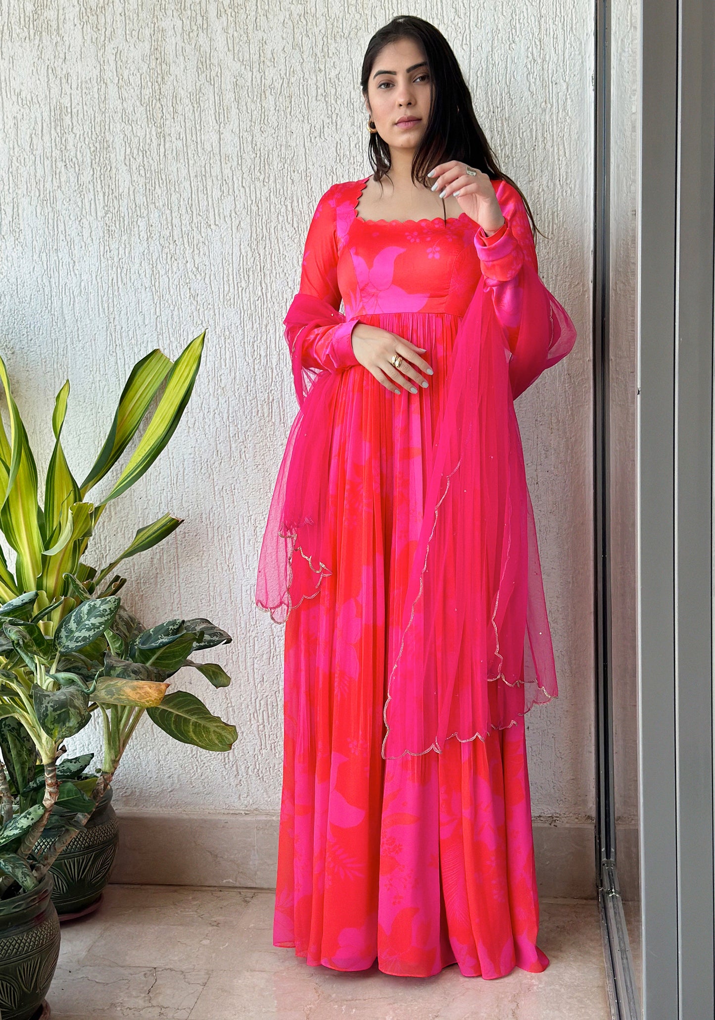 Pink and Red Printed Self Scallop Festive Anarkali Set