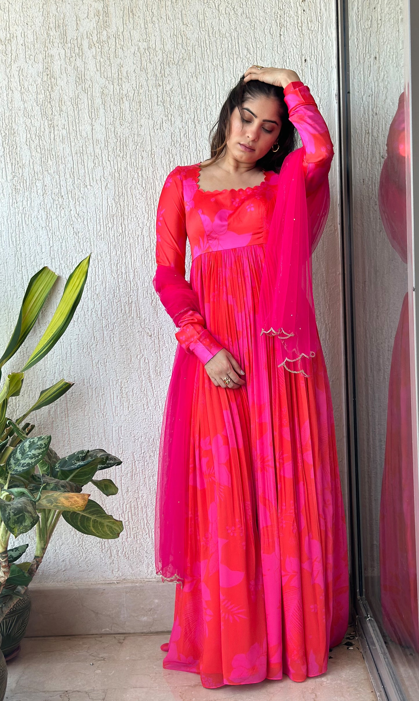 Pink and Red Printed Self Scallop Festive Anarkali Set