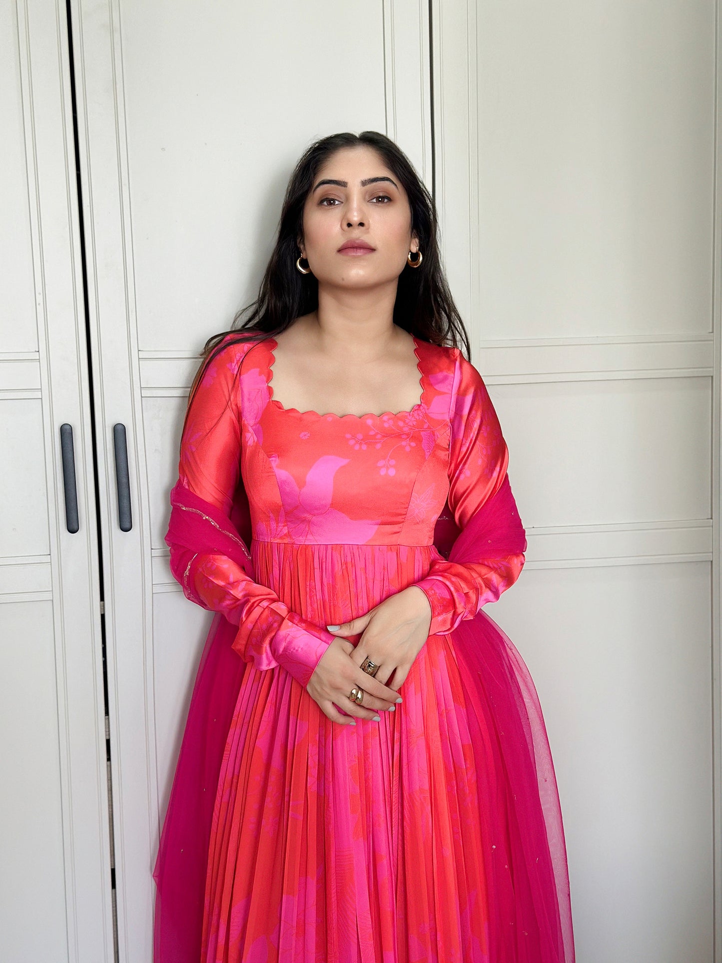 Pink and Red Printed Self Scallop Festive Anarkali Set