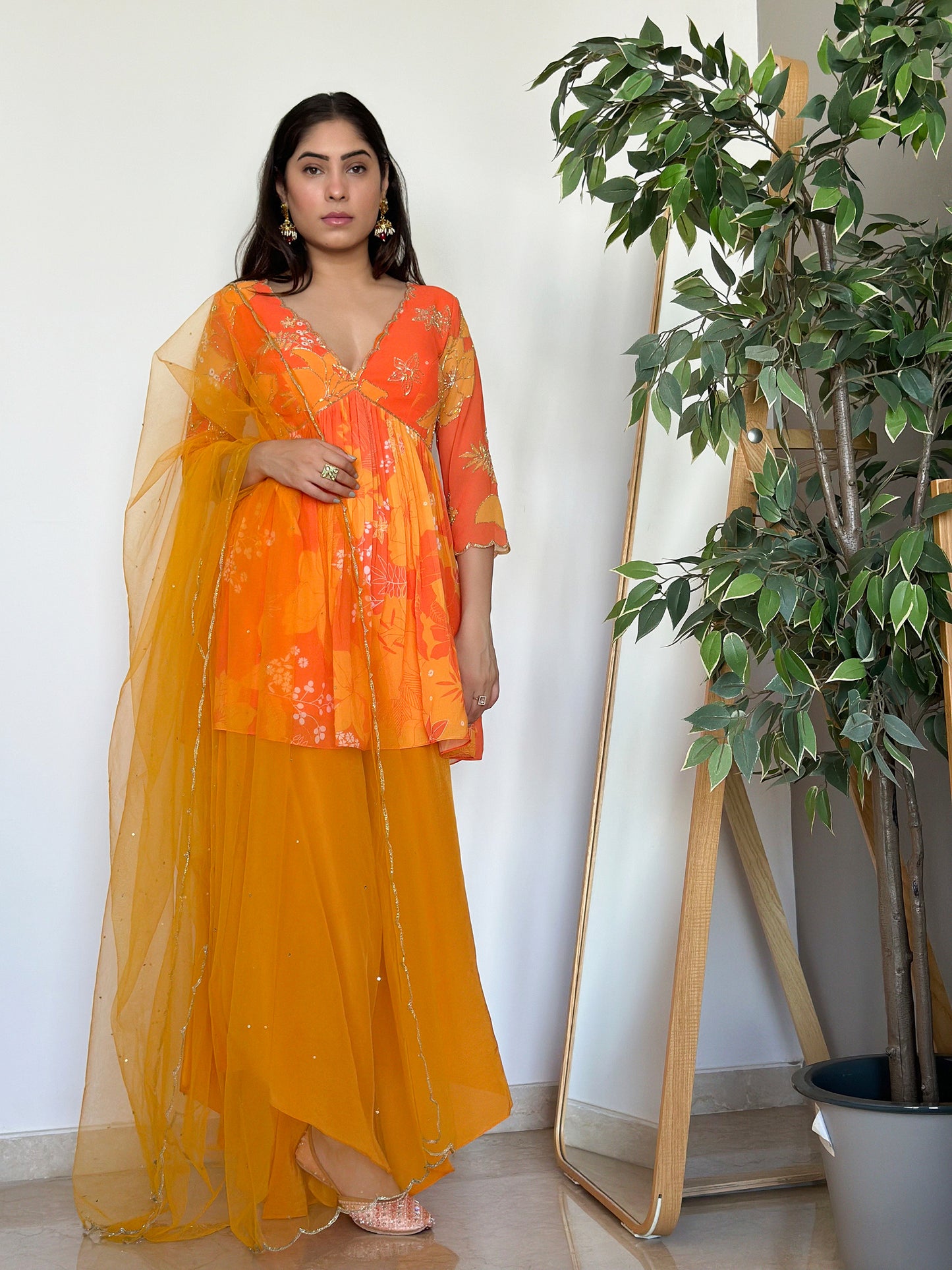 Yellow and Orange Printed Peplum Festive Kurti Set