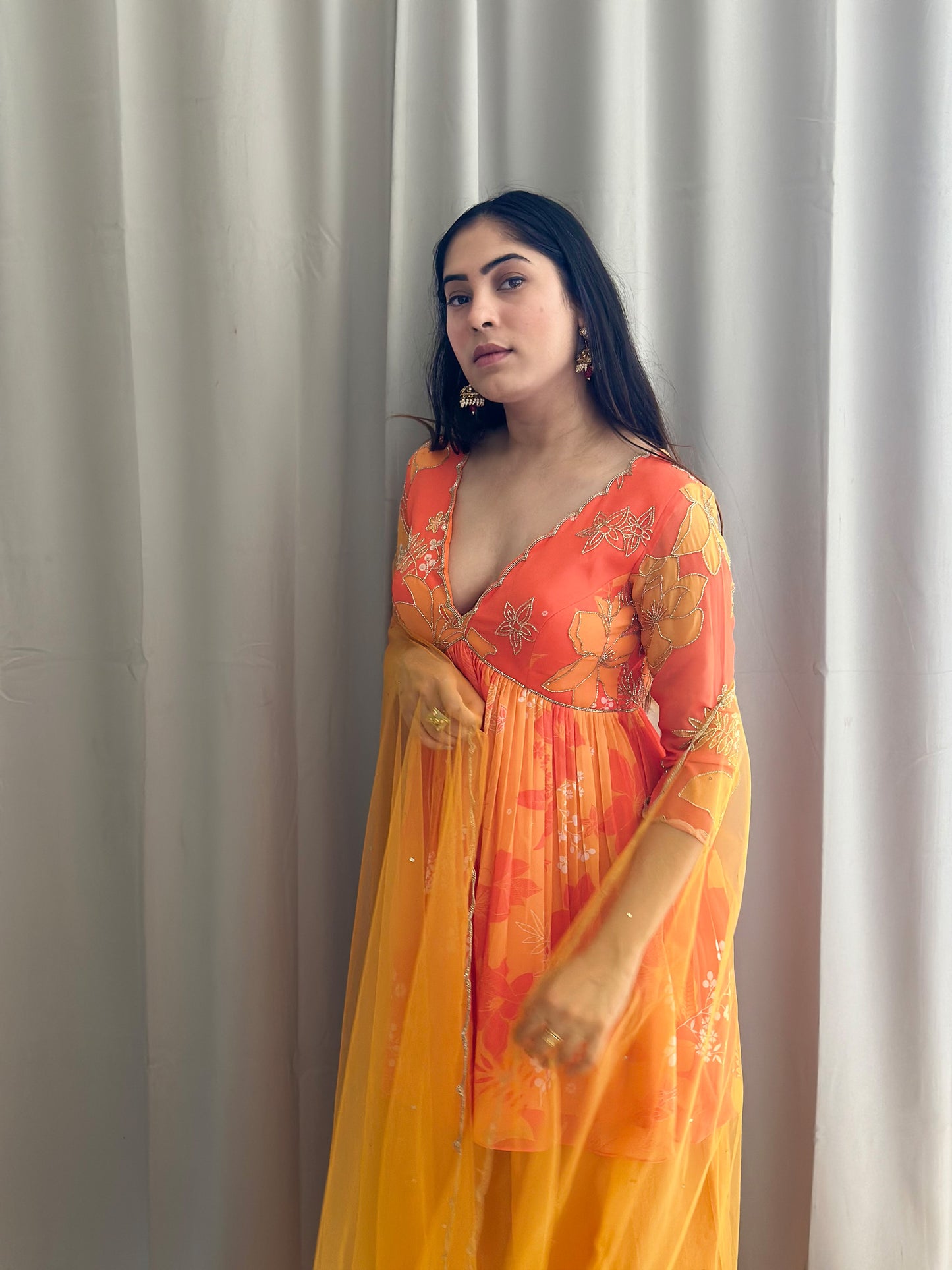 Yellow and Orange Printed Peplum Festive Kurti Set