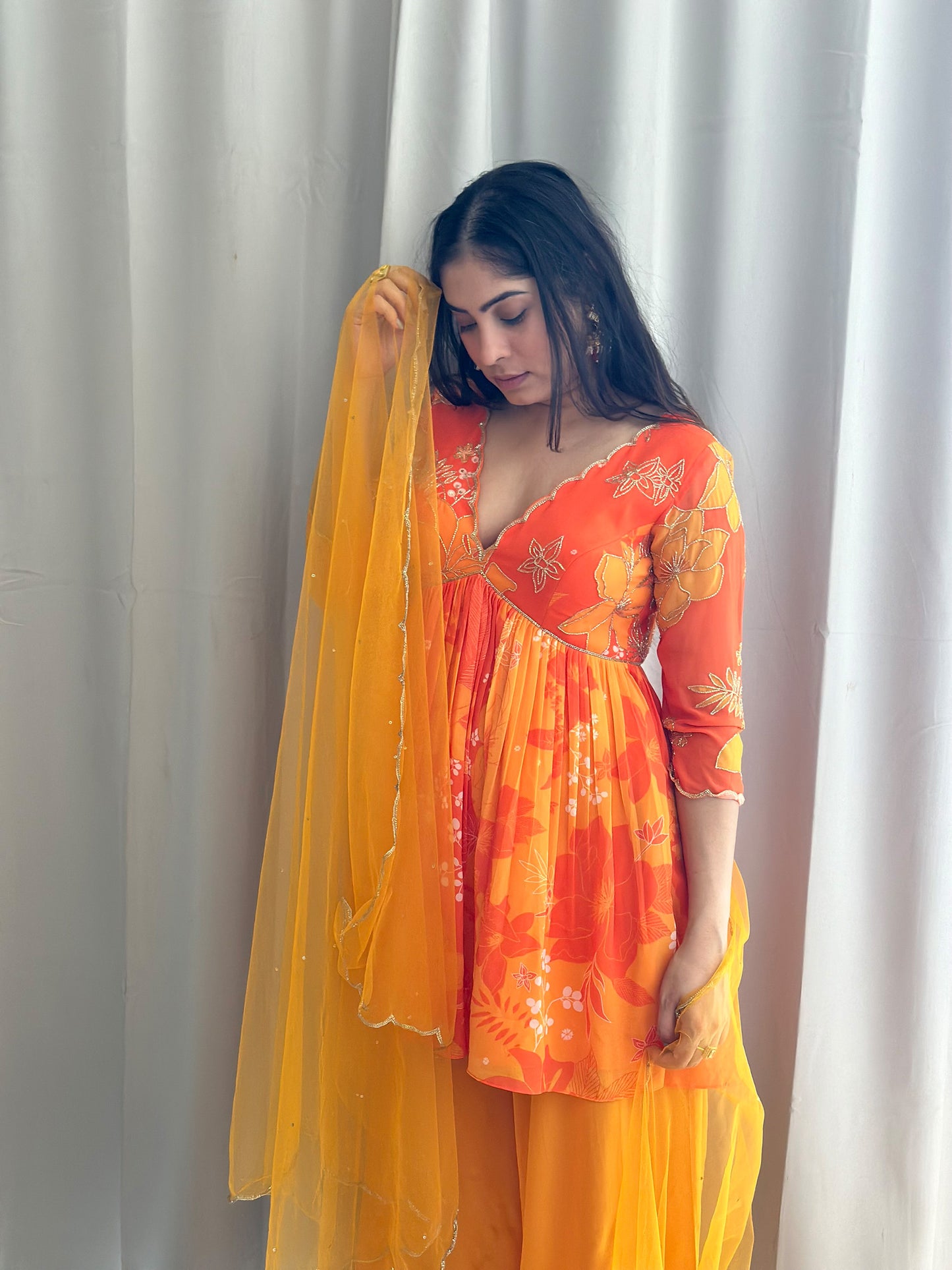 Yellow and Orange Printed Peplum Festive Kurti Set