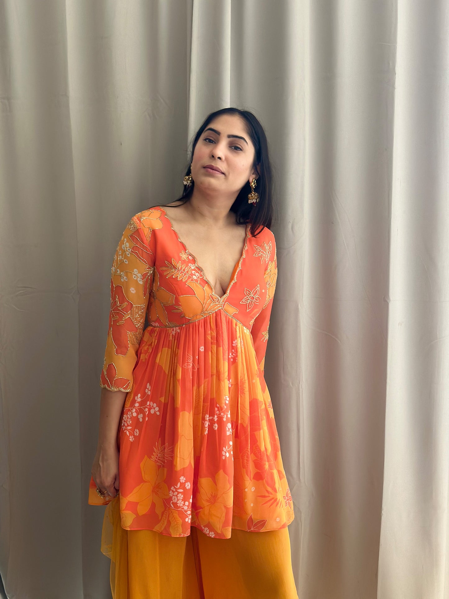 Yellow and Orange Printed Peplum Festive Kurti Set