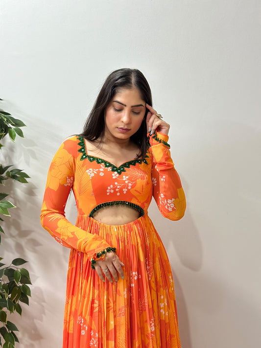Yellow and Orange Printed cut-out Designer Anarkali Set