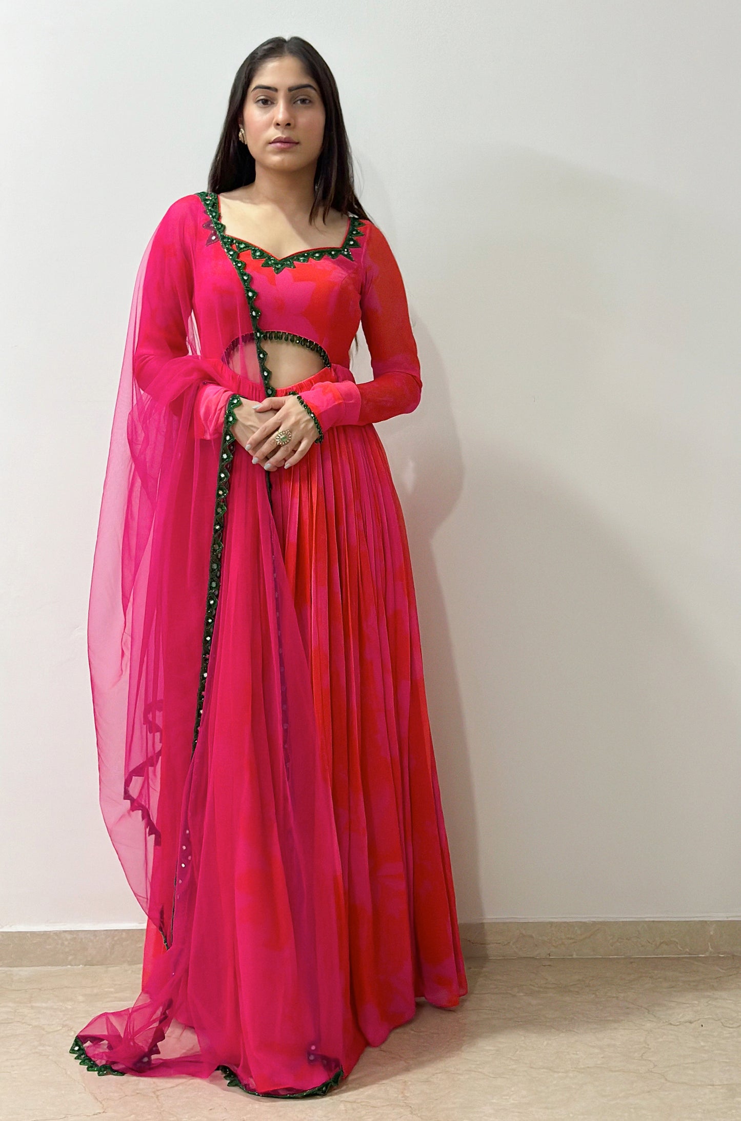 Pink and Red Printed cut-out Designer Anarkali Set