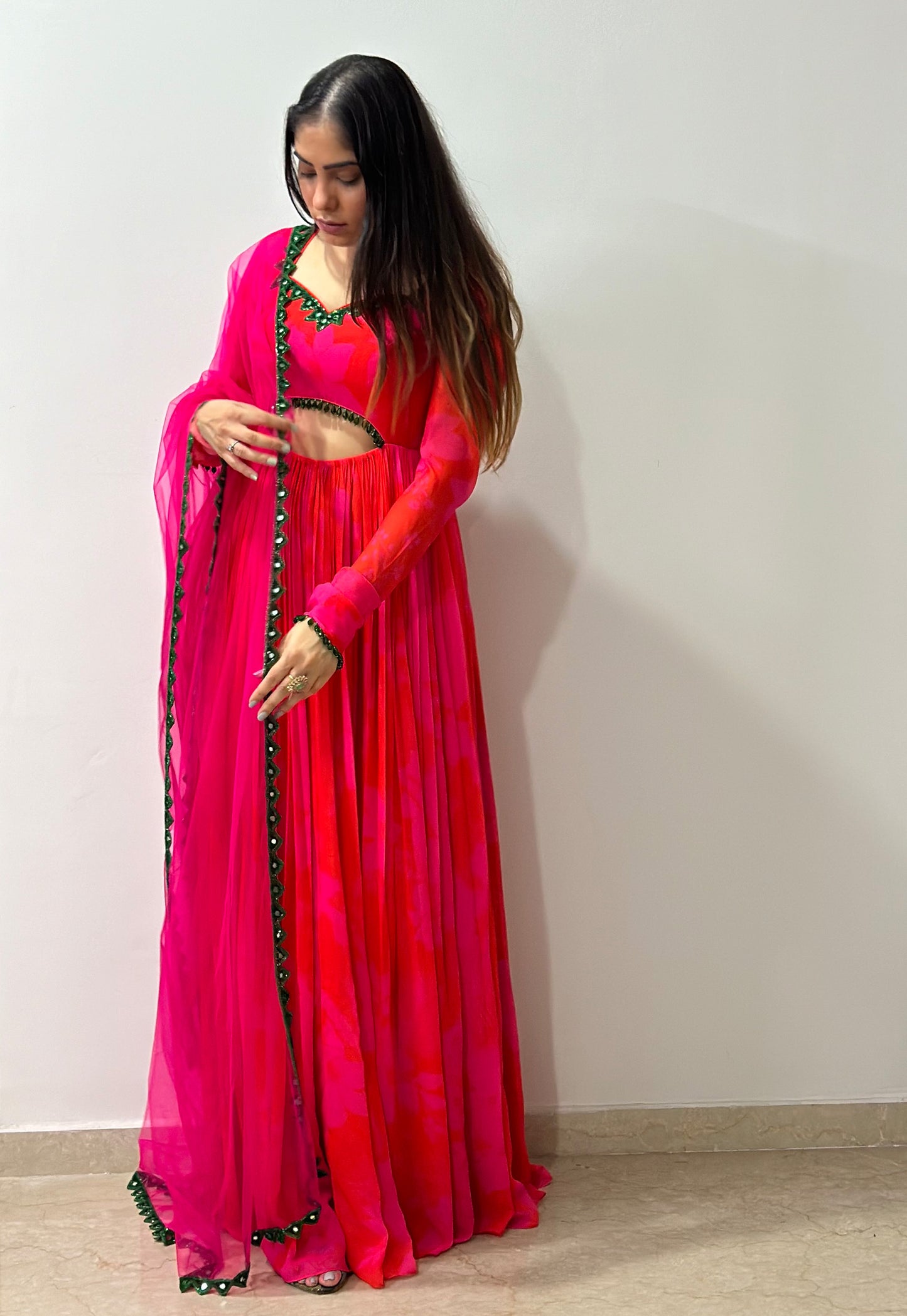 Pink and Red Printed cut-out Designer Anarkali Set