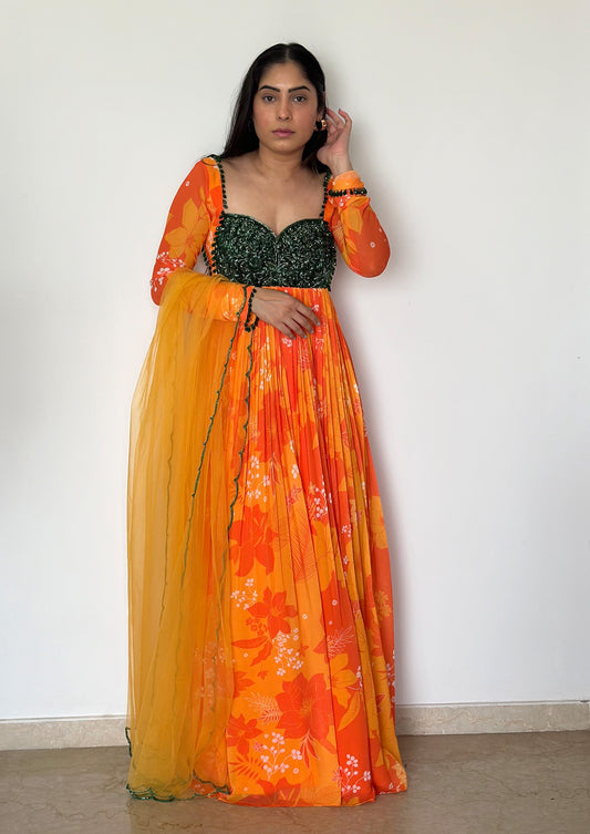 Yellow and Orange Printed Green Work Anarkali Set