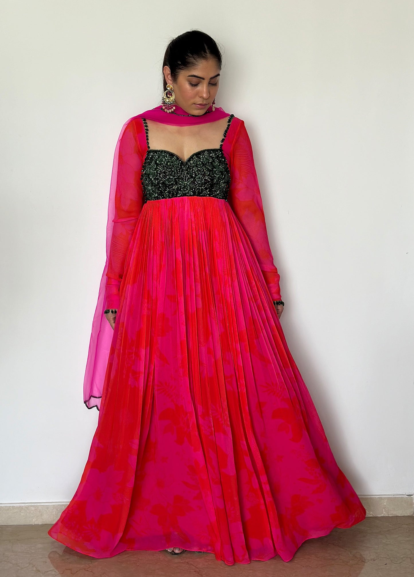 Pink and Red Printed Green Work Wedding Guest Anarkali Set