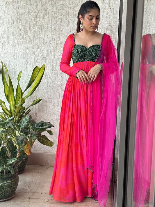 Pink and Red Printed Green Work Wedding Guest Anarkali Set
