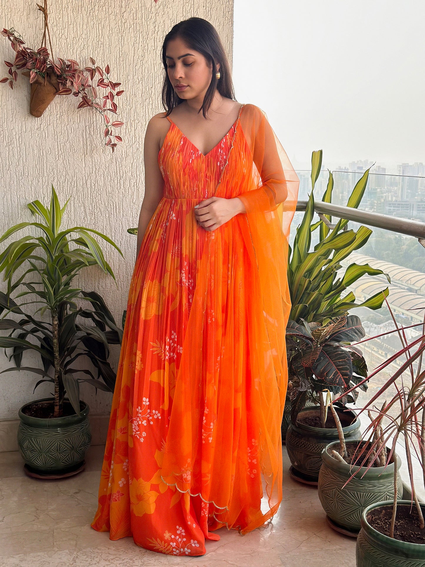 Yellow and Orange Printed Strappy Ruched Wedding Guest Anarkali Set