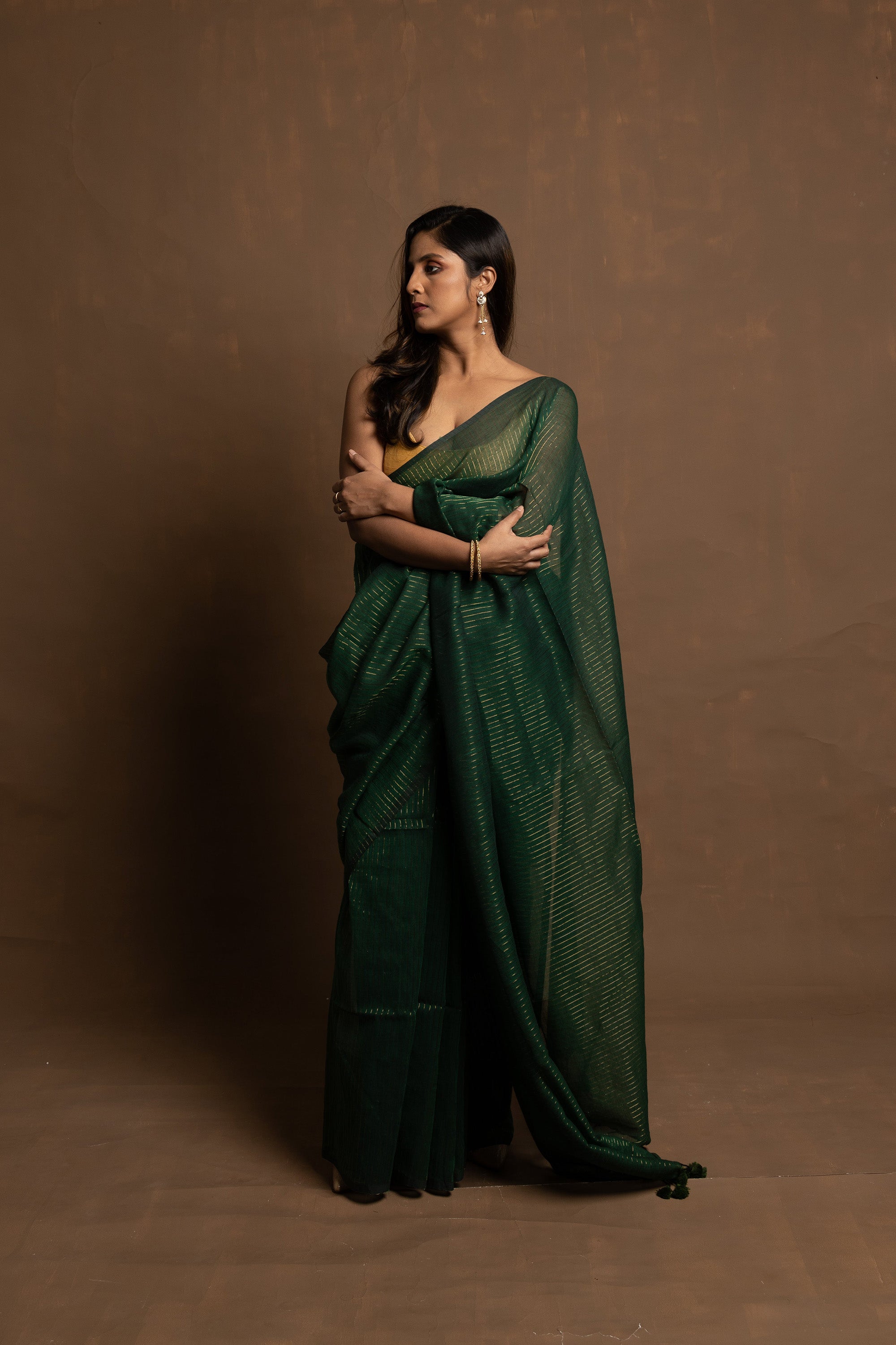 Hara rang | Deep green handloom cotton saree with zari stripes – Mohi ...