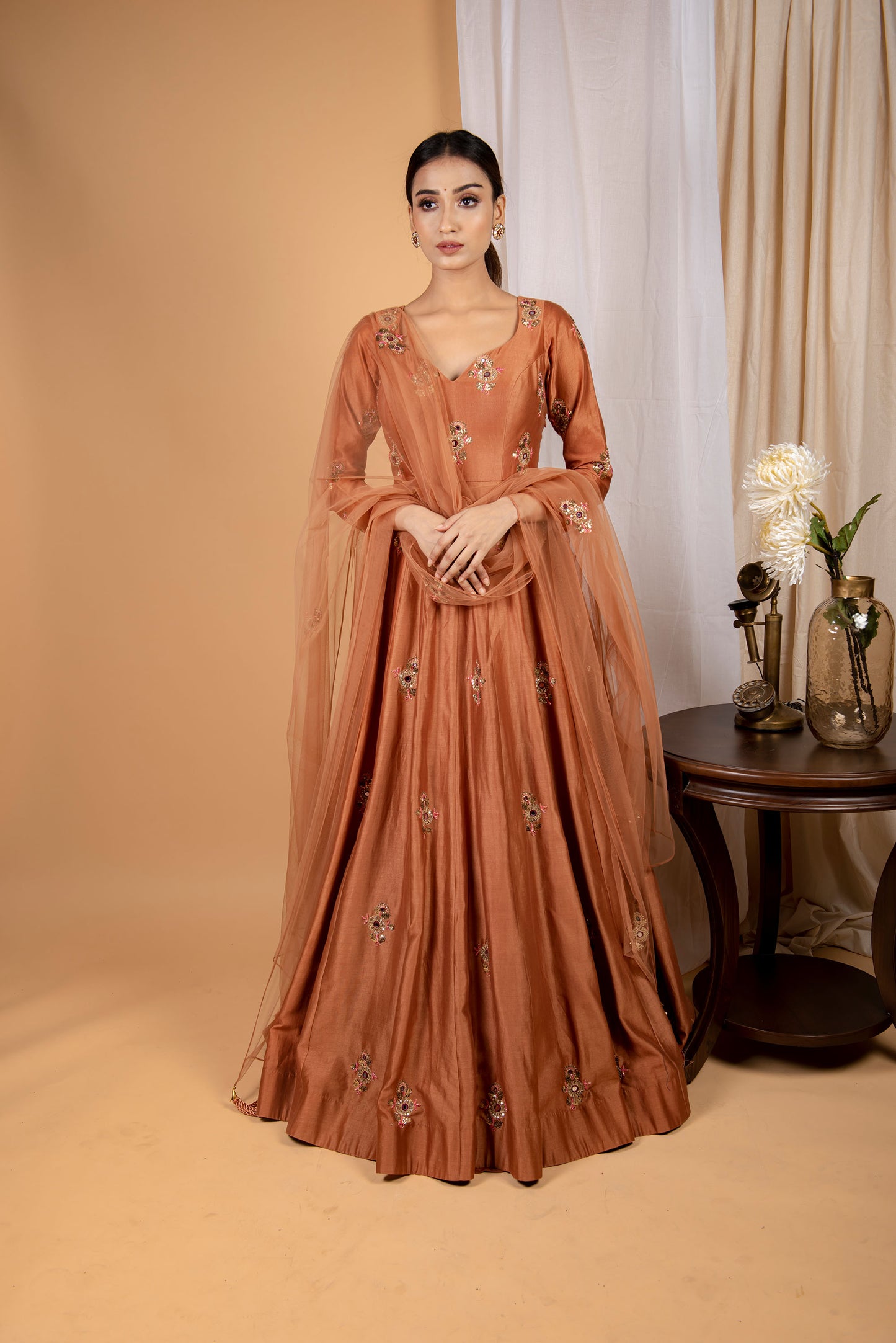 Chanderi Brown Floral Embroidered Anarkali With Dupatta