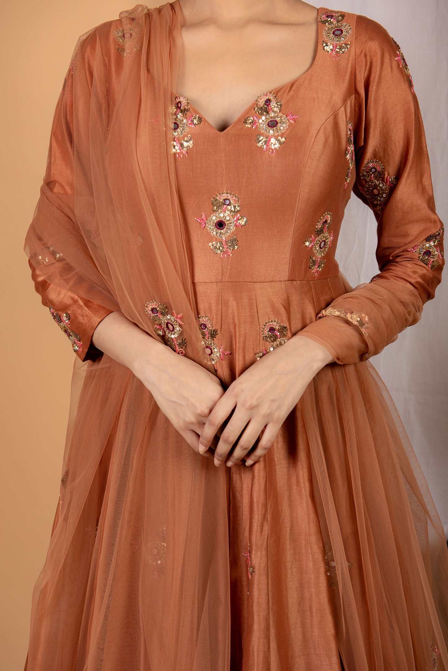 Chanderi Brown Floral Embroidered Anarkali With Dupatta