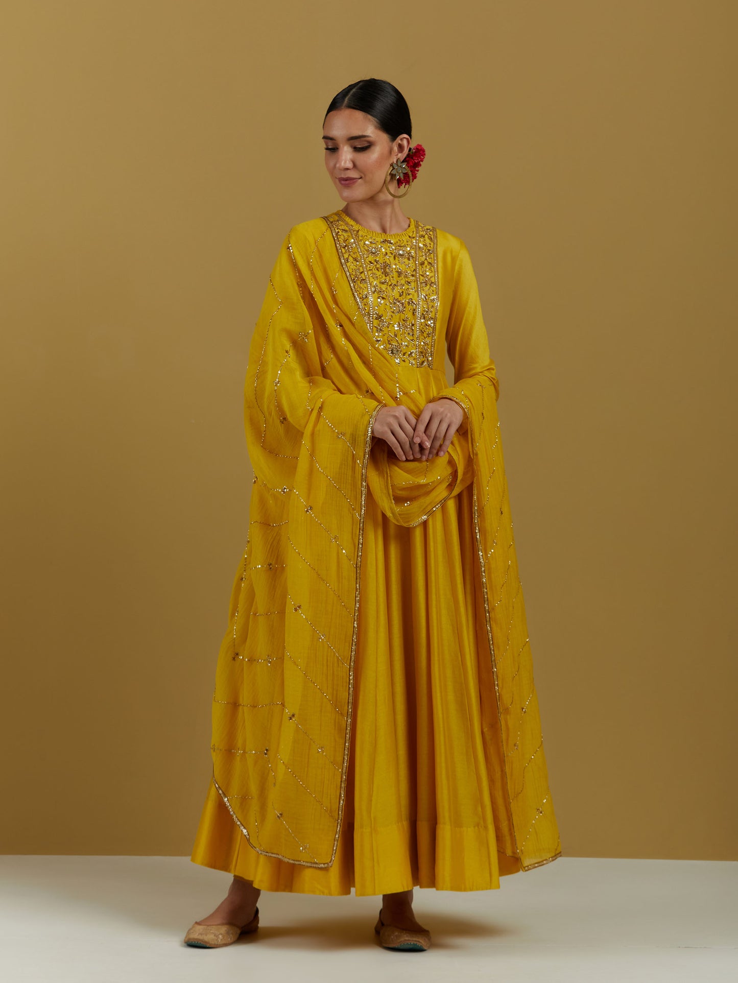 Yellow Chanderi Silk Hand Embroidered Anarkali Set