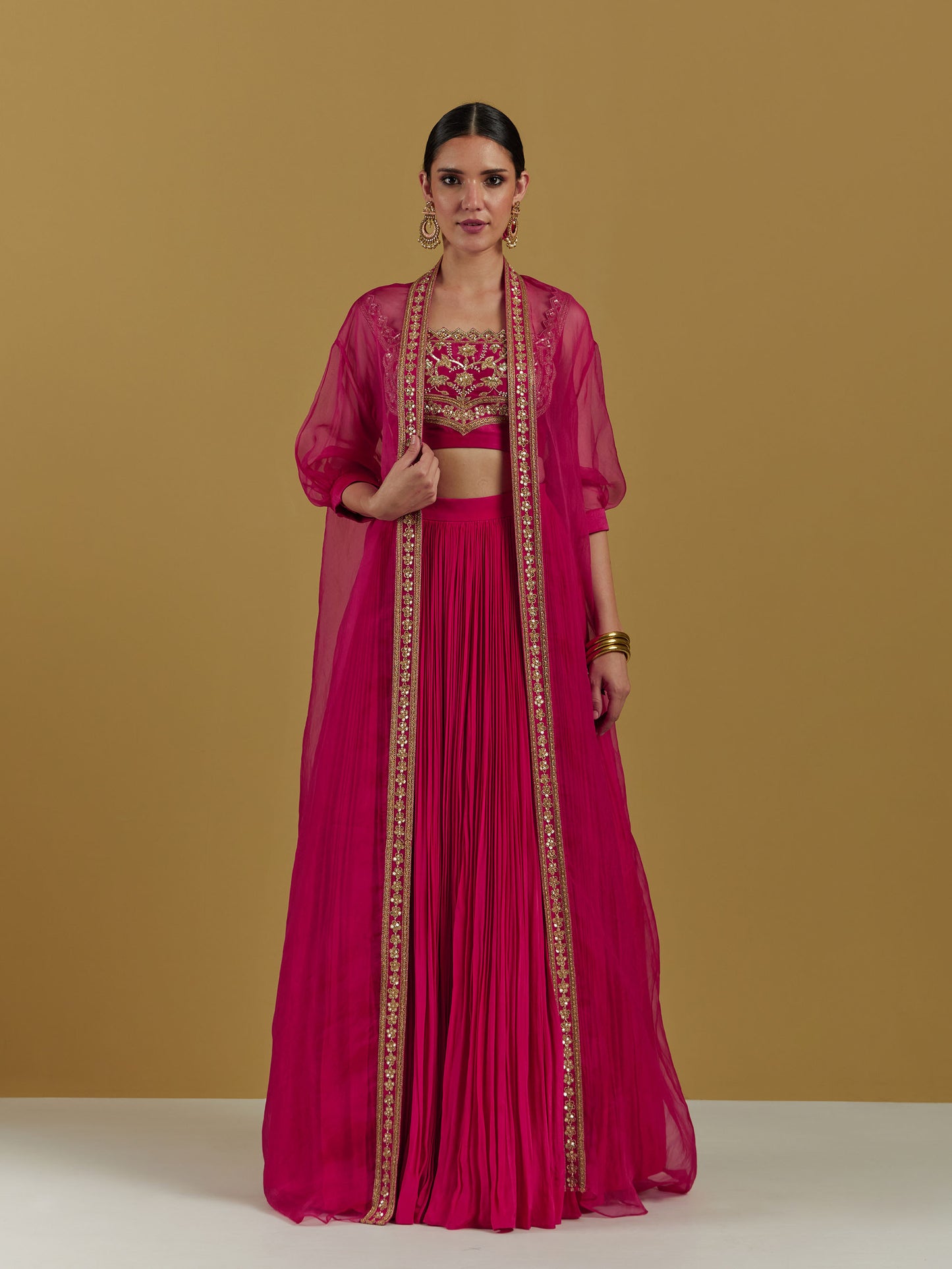 Magenta Embroidered Crop Top Skirt Set With Cape Bridesmaid