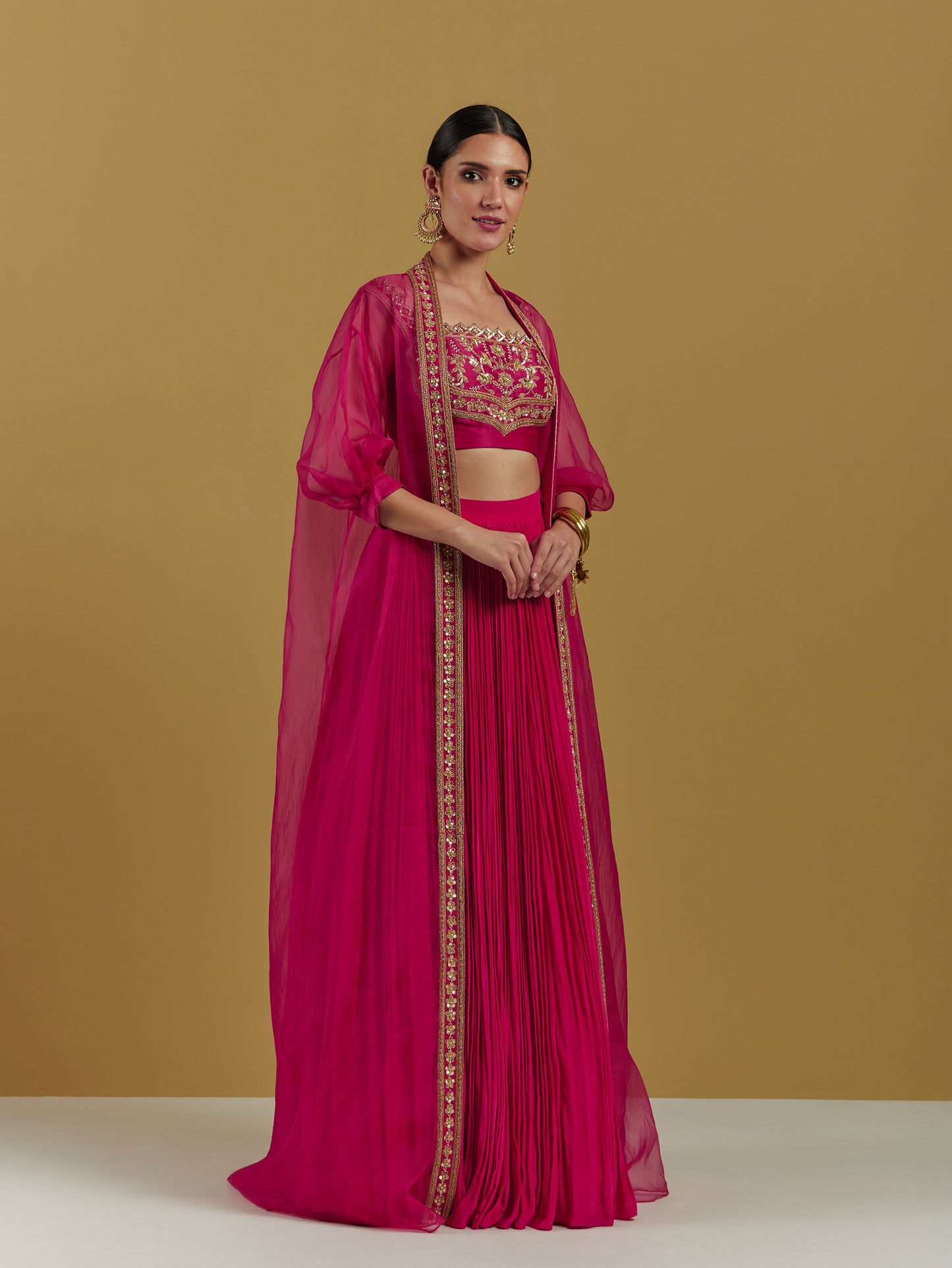 Magenta Embroidered Crop Top Skirt Set With Cape Bridesmaid
