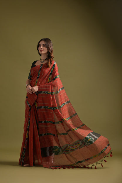 Red Soft Ikkat Printed Cotton saree