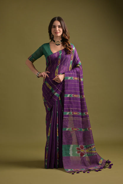 Wine Soft Ikkat Printed Cotton saree