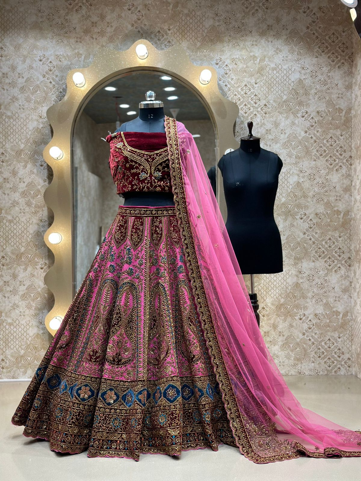 Hot Pink Raw Silk  Hand Embroidered Antique work Bridal Lehenga