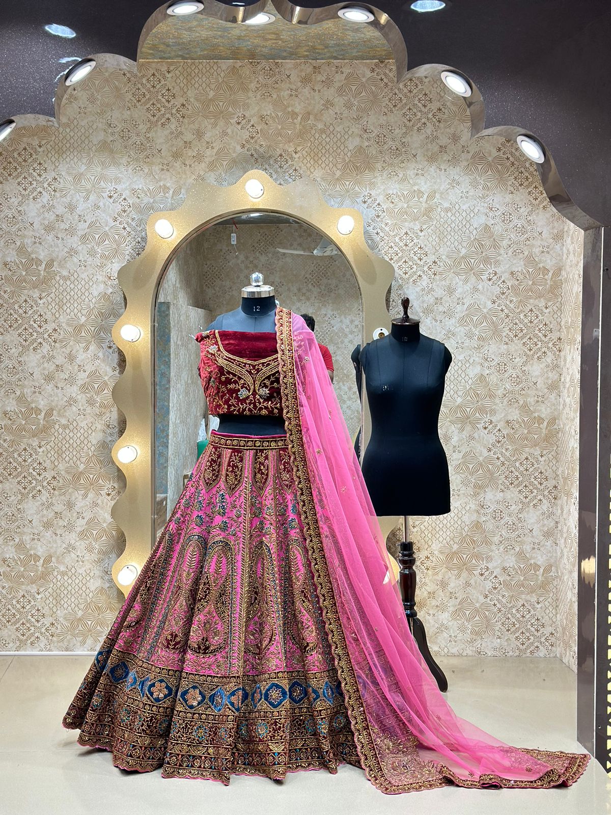 Hot Pink Raw Silk  Hand Embroidered Antique work Bridal Lehenga