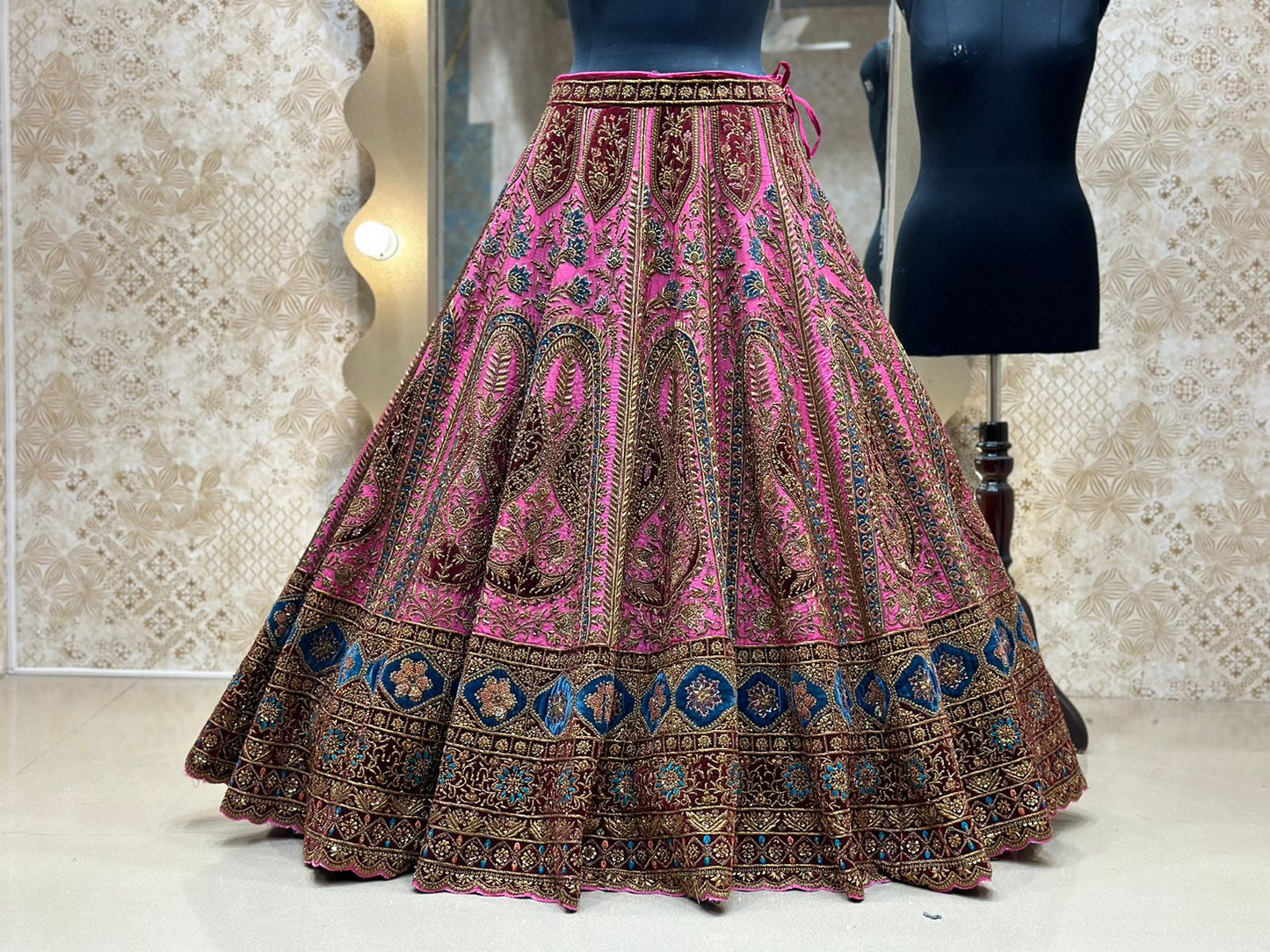 Hot Pink Raw Silk  Hand Embroidered Antique work Bridal Lehenga