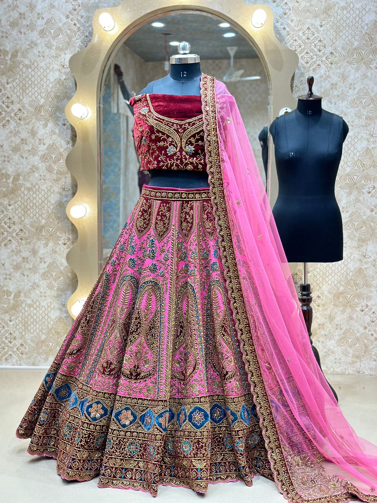 Hot Pink Raw Silk  Hand Embroidered Antique work Bridal Lehenga